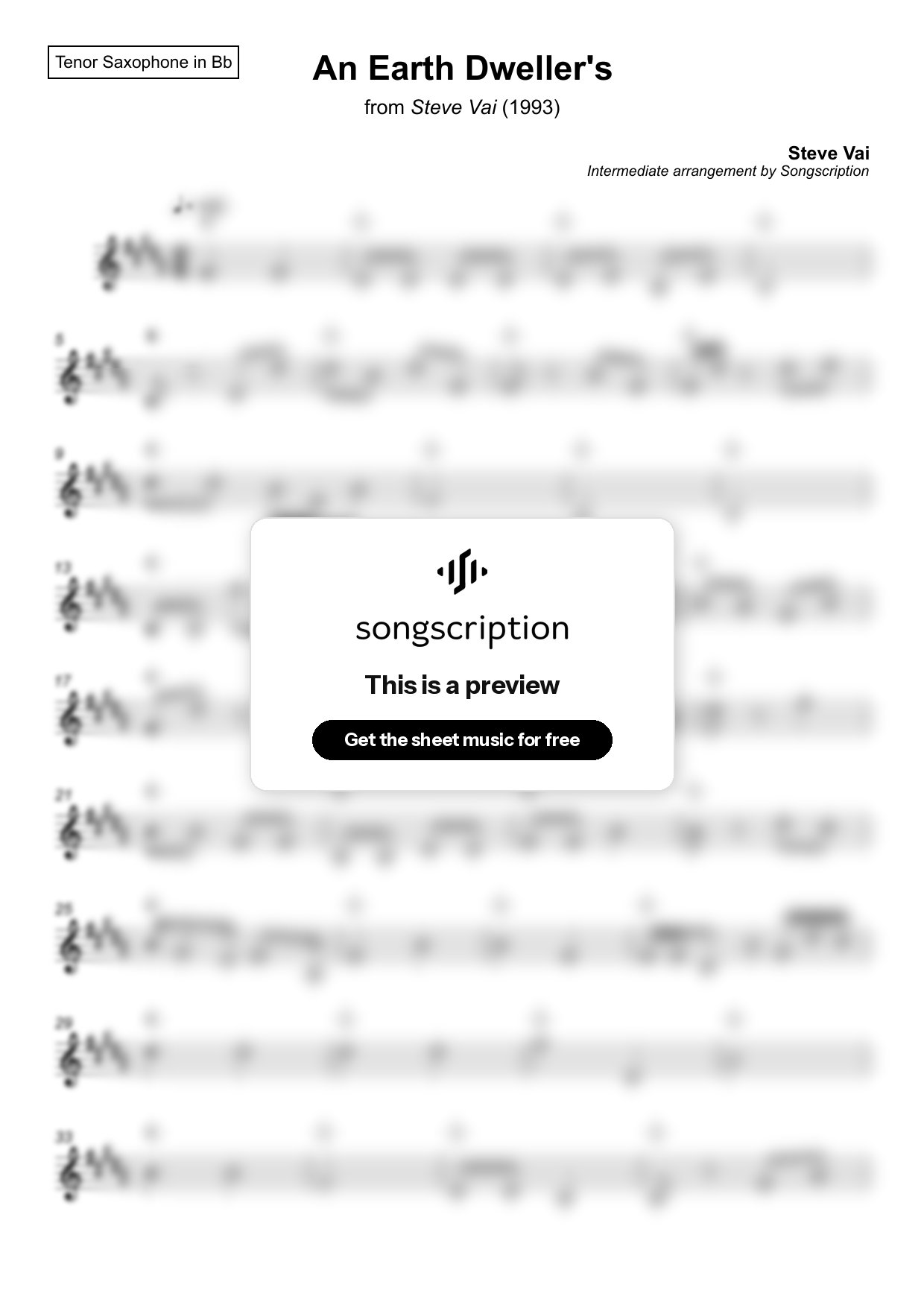 Intermediate Tenor Sax Sheet Music for "An Earth Dweller's" by Steve Vai