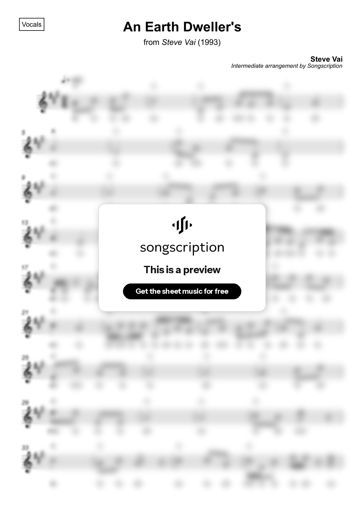 Intermediate Vocals Sheet Music for "An Earth Dweller's" by Steve Vai