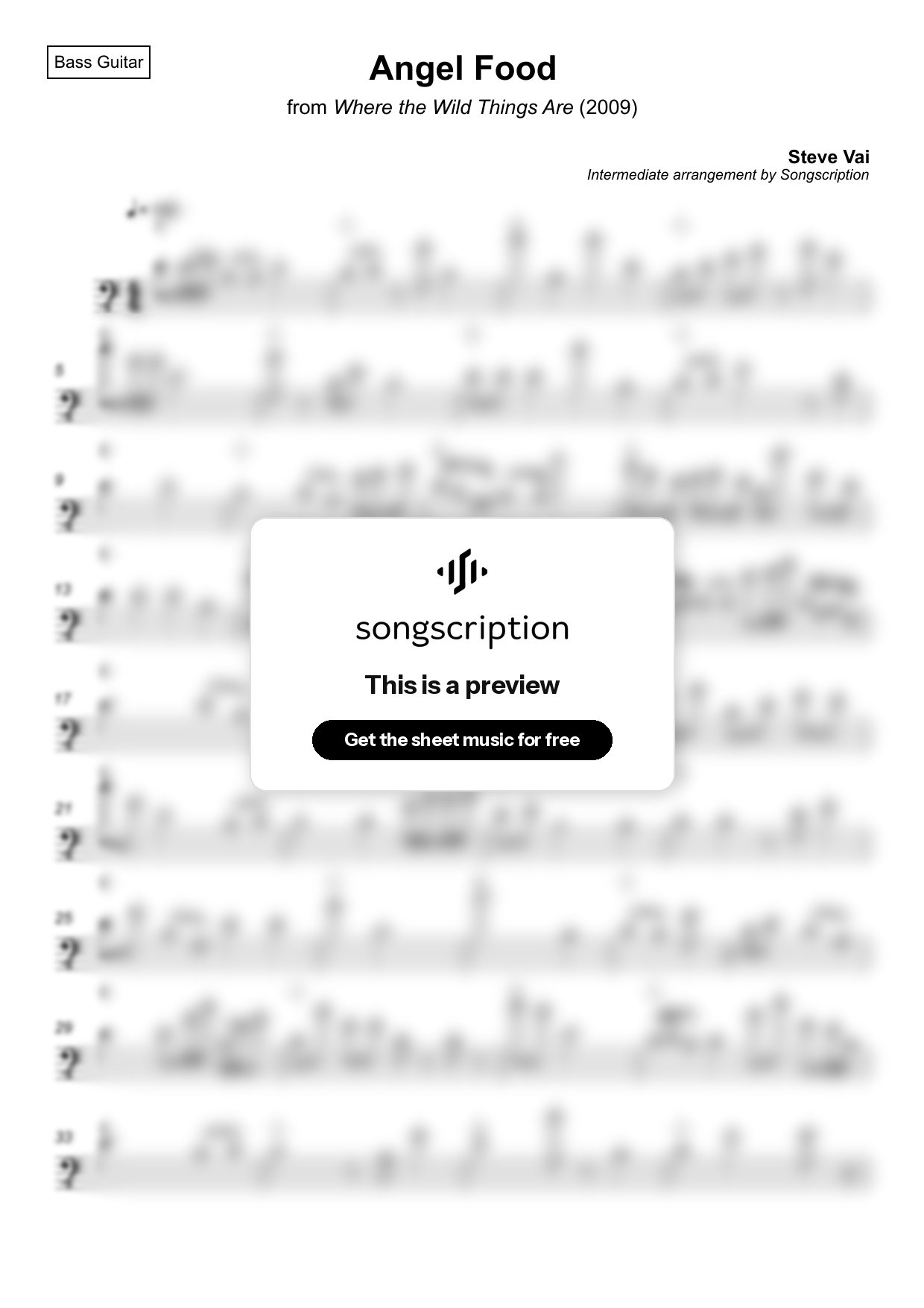 Intermediate Bass Guitar Sheet Music for "Angel Food" by Steve Vai