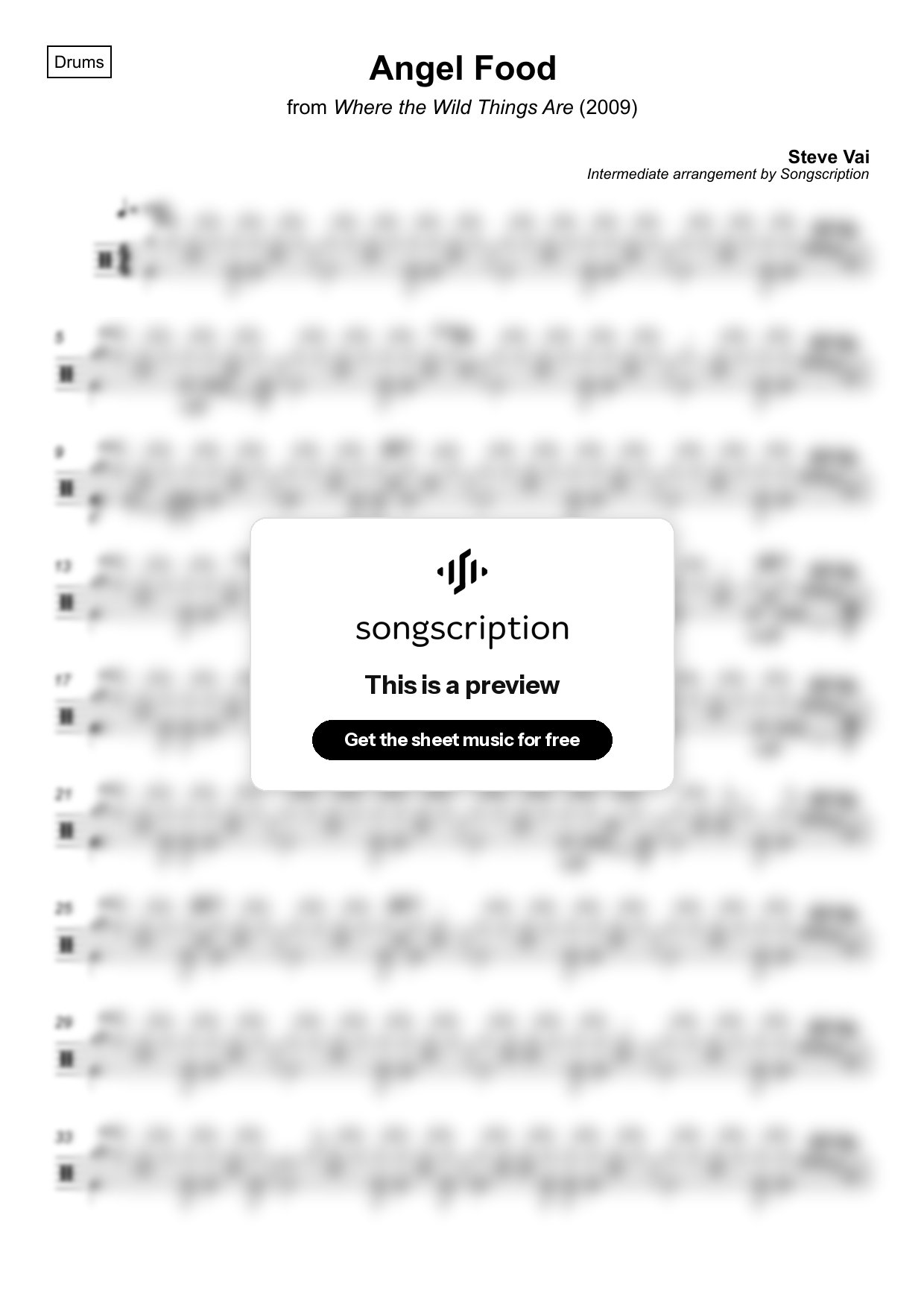 Intermediate Drums Sheet Music for "Angel Food" by Steve Vai