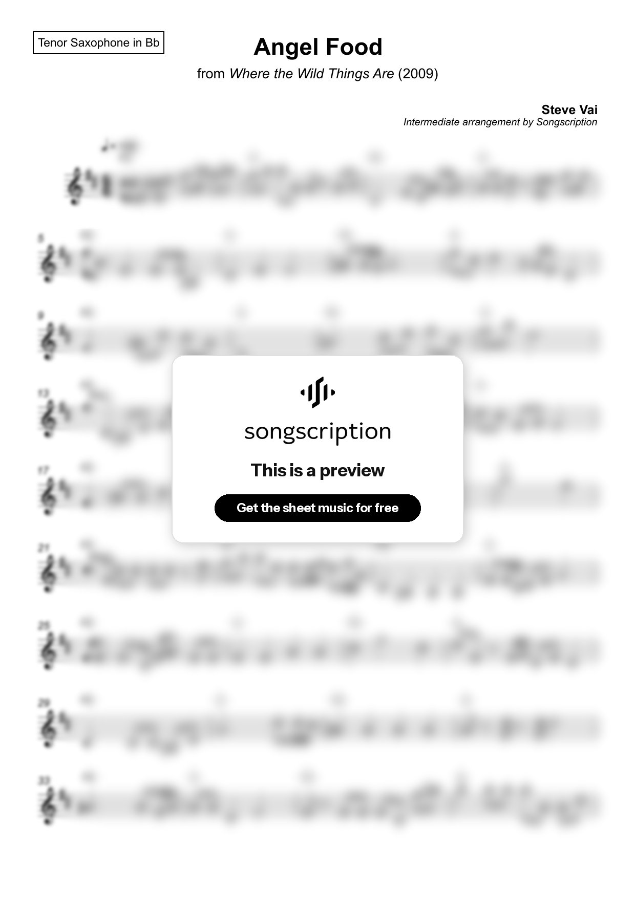 Intermediate Tenor Sax Sheet Music for "Angel Food" by Steve Vai