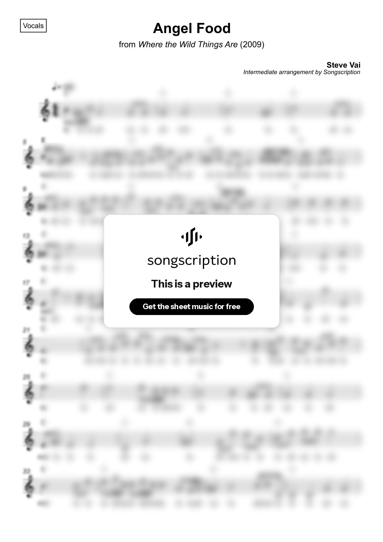Intermediate Vocals Sheet Music for "Angel Food" by Steve Vai