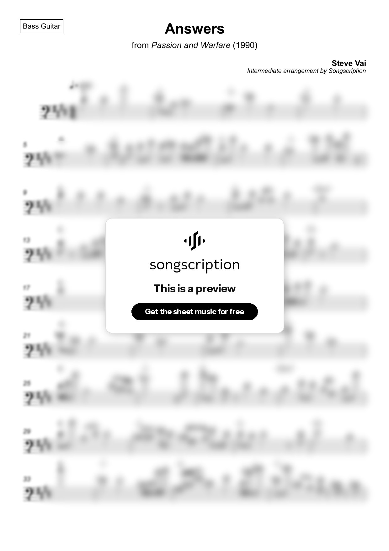 Intermediate Bass Guitar Sheet Music for "Answers" by Steve Vai