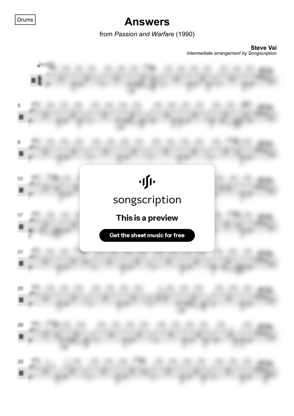 Intermediate Drums Sheet Music for "Answers" by Steve Vai
