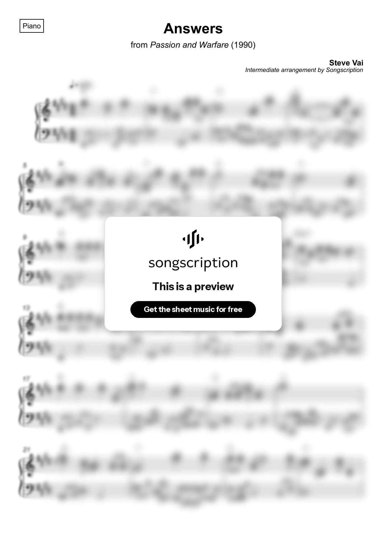 Intermediate Piano Sheet Music for "Answers" by Steve Vai