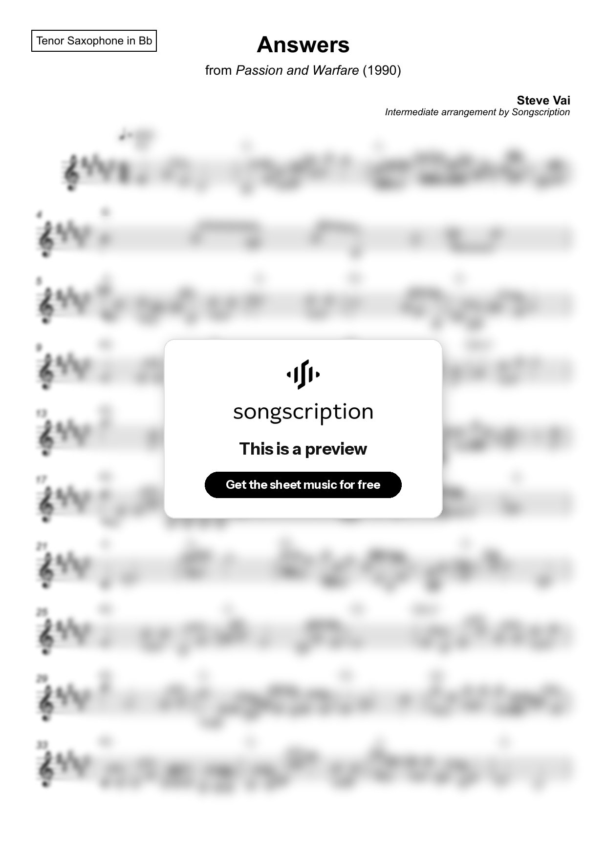 Intermediate Tenor Sax Sheet Music for "Answers" by Steve Vai