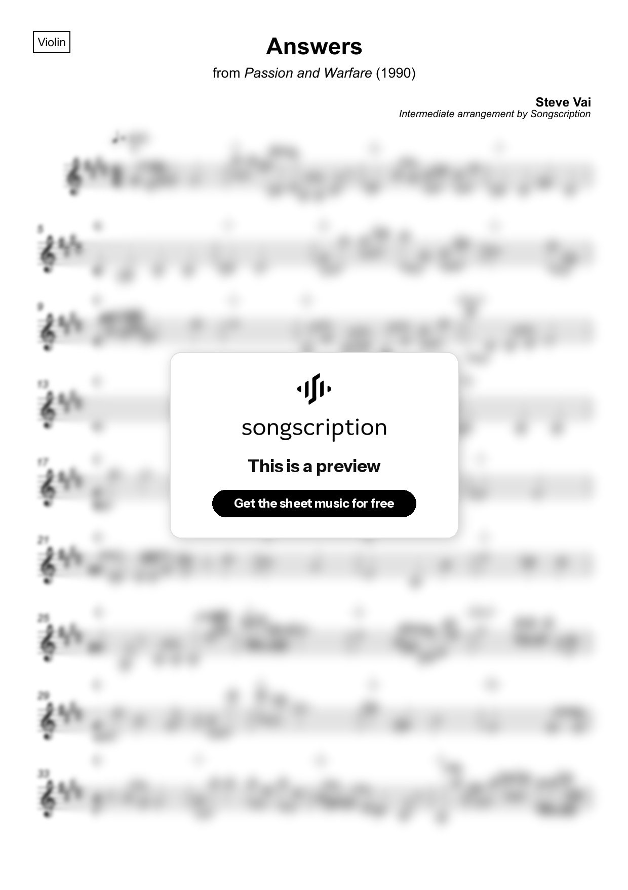 Intermediate Violin Sheet Music for "Answers" by Steve Vai