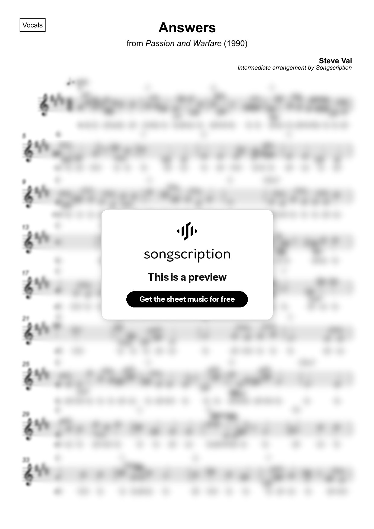 Intermediate Vocals Sheet Music for "Answers" by Steve Vai