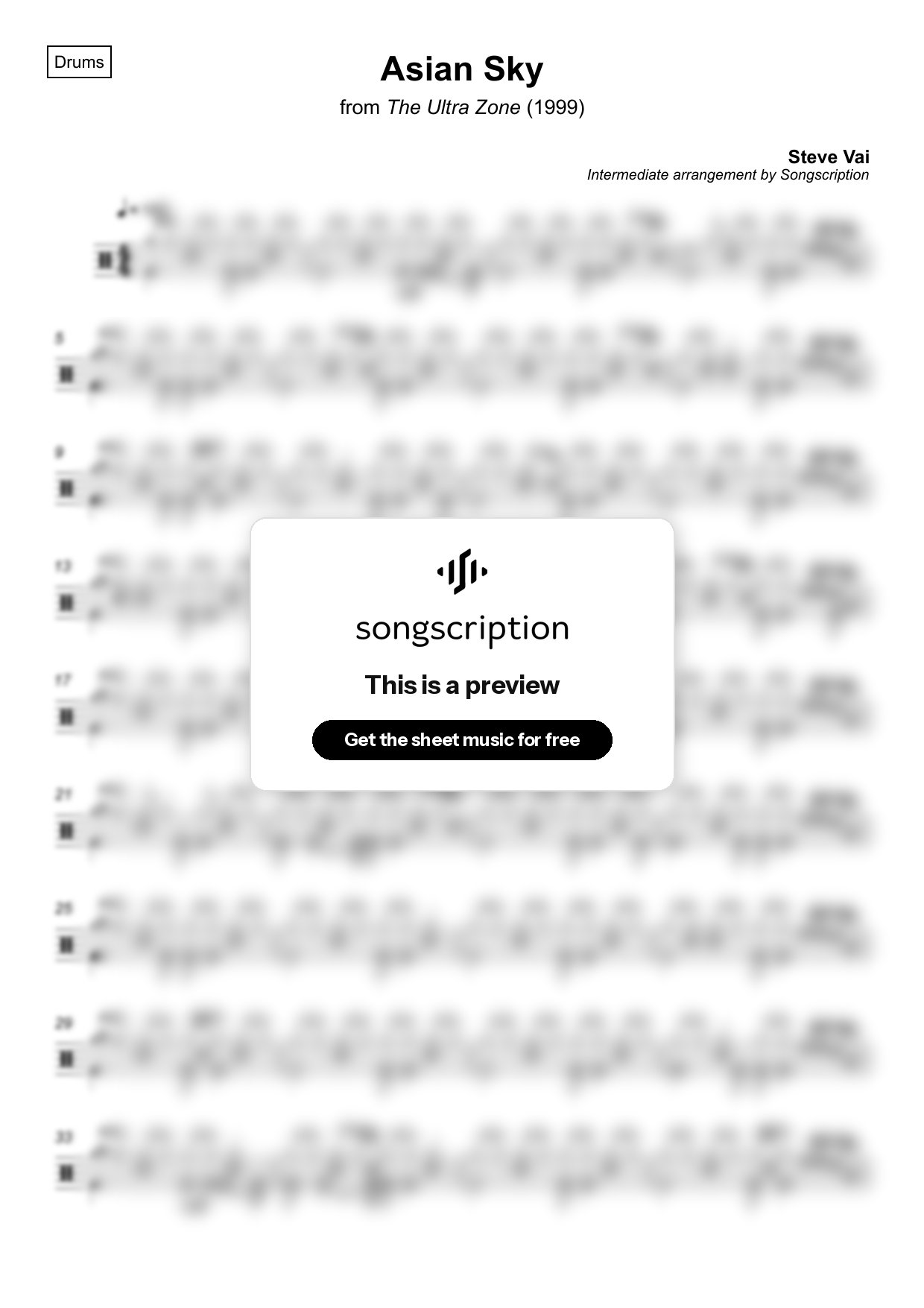 Intermediate Drums Sheet Music for "Asian Sky" by Steve Vai