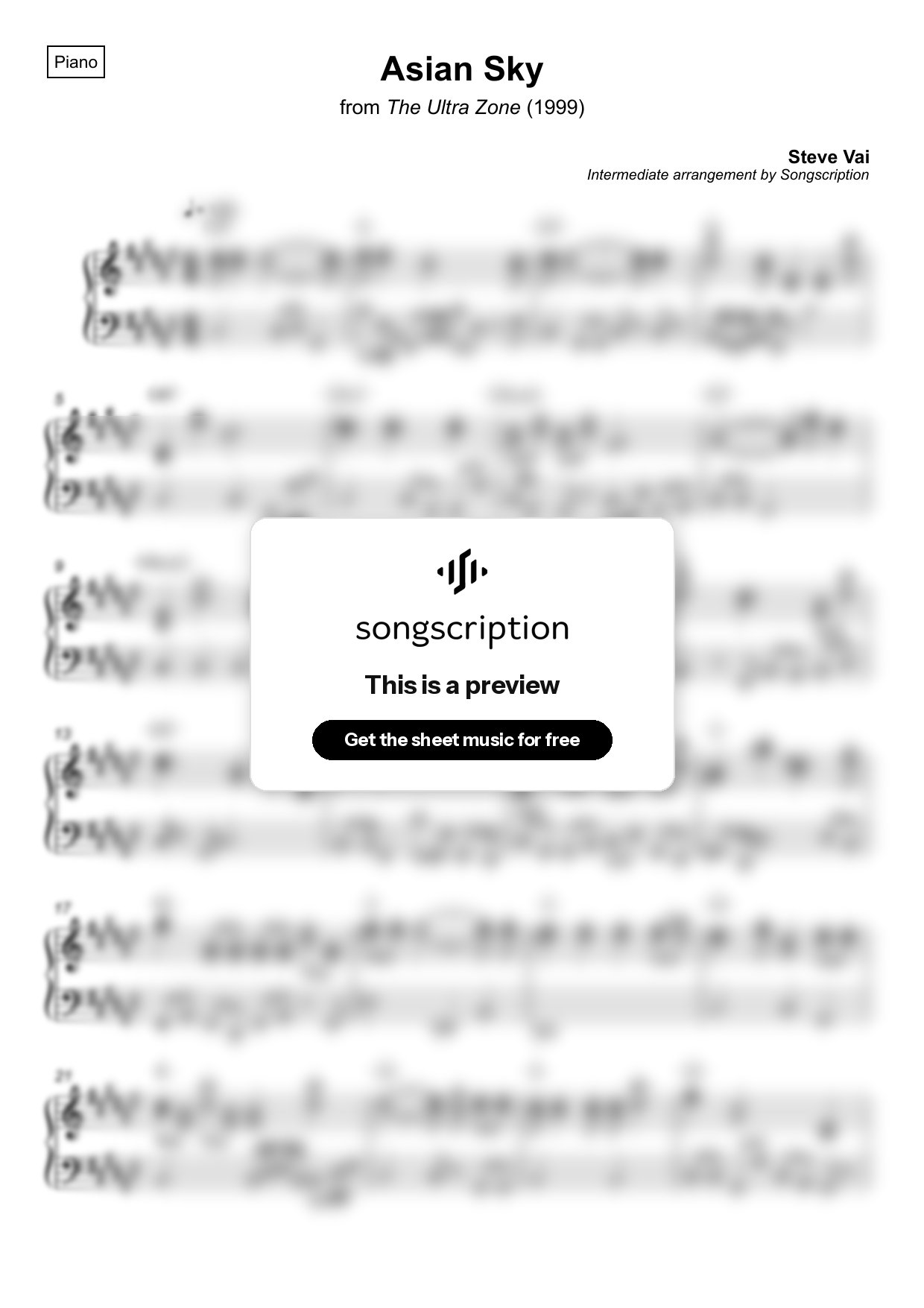 Intermediate Piano Sheet Music for "Asian Sky" by Steve Vai