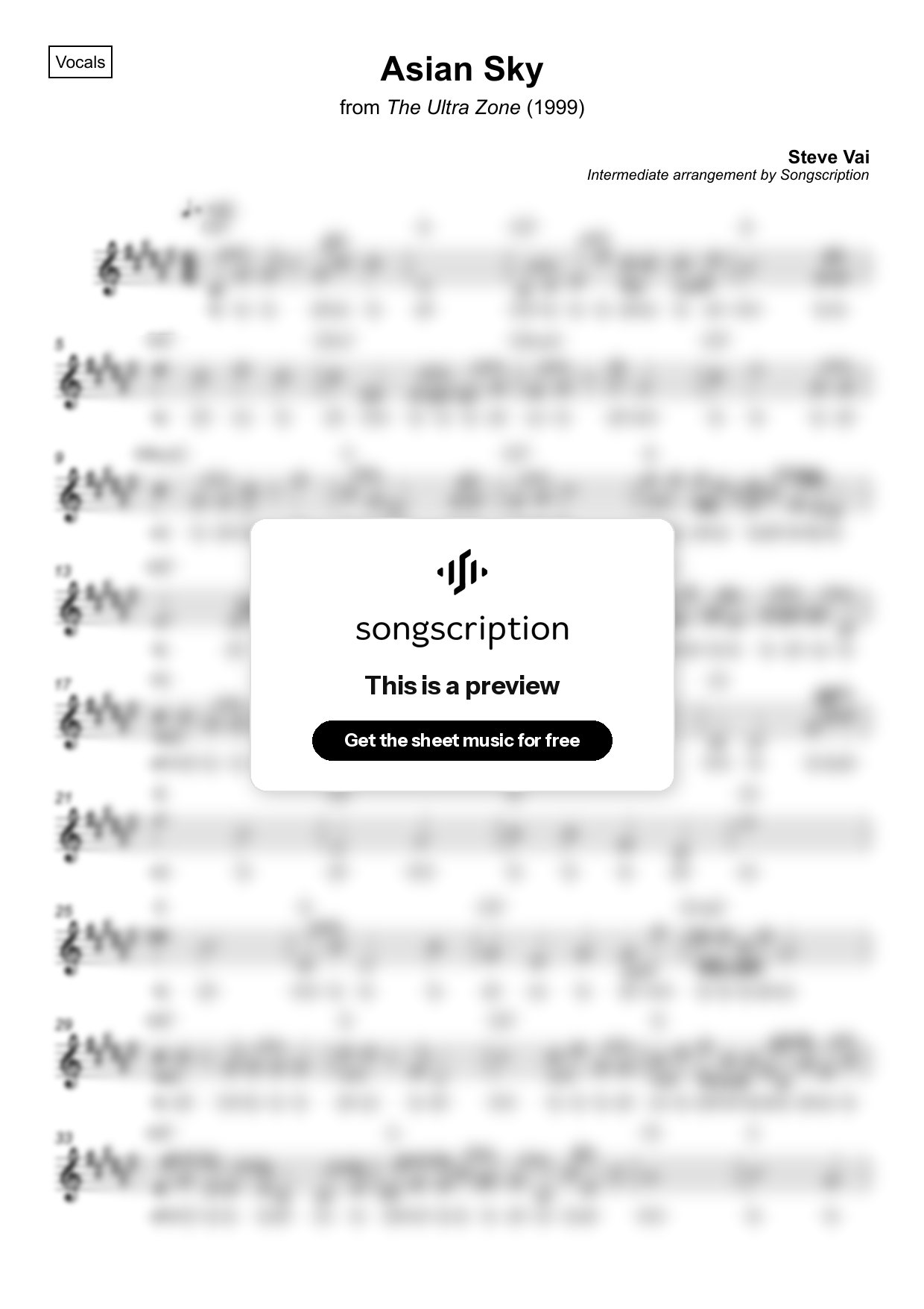 Intermediate Vocals Sheet Music for "Asian Sky" by Steve Vai