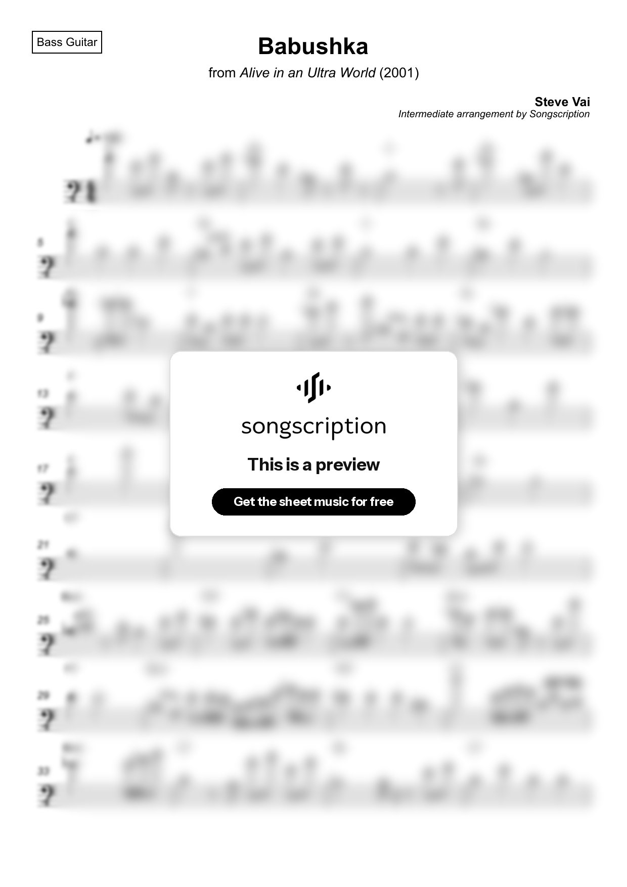 Intermediate Bass Guitar Sheet Music for "Babushka" by Steve Vai