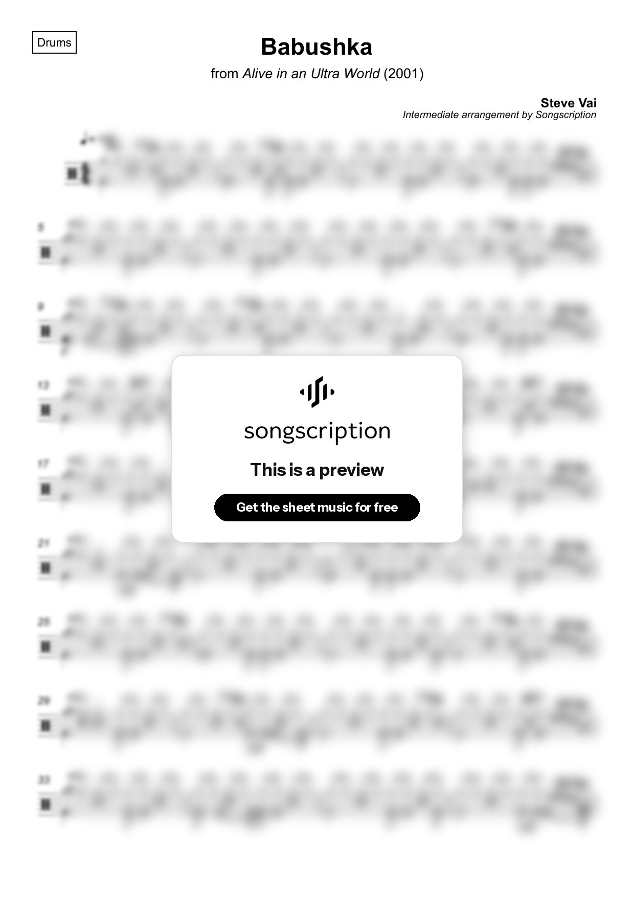 Intermediate Drums Sheet Music for "Babushka" by Steve Vai