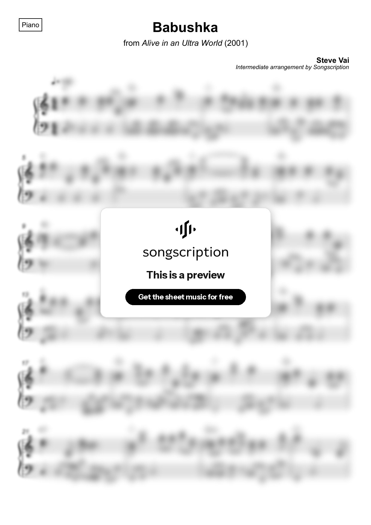 Intermediate Piano Sheet Music for "Babushka" by Steve Vai