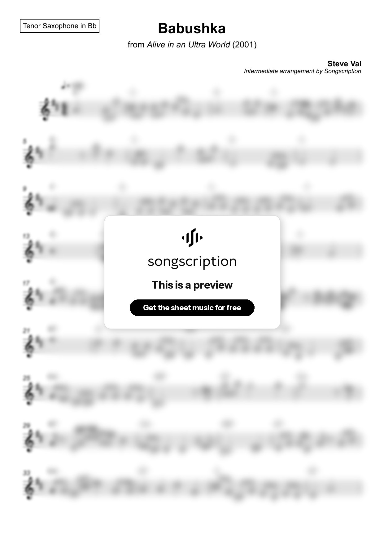 Intermediate Tenor Sax Sheet Music for "Babushka" by Steve Vai