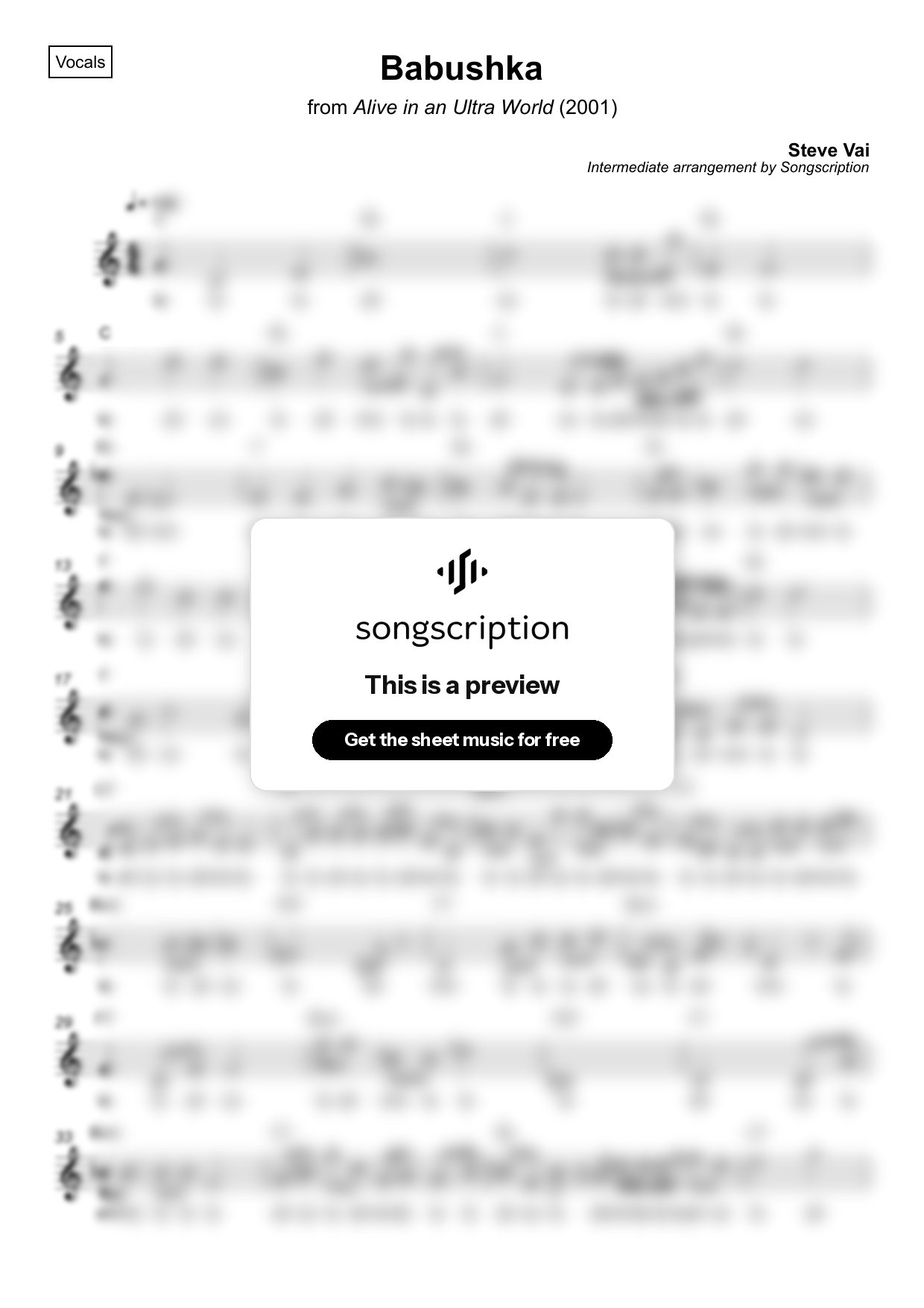 Intermediate Vocals Sheet Music for "Babushka" by Steve Vai