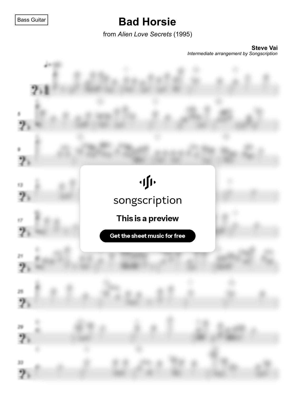 Intermediate Bass Guitar Sheet Music for "Bad Horsie" by Steve Vai