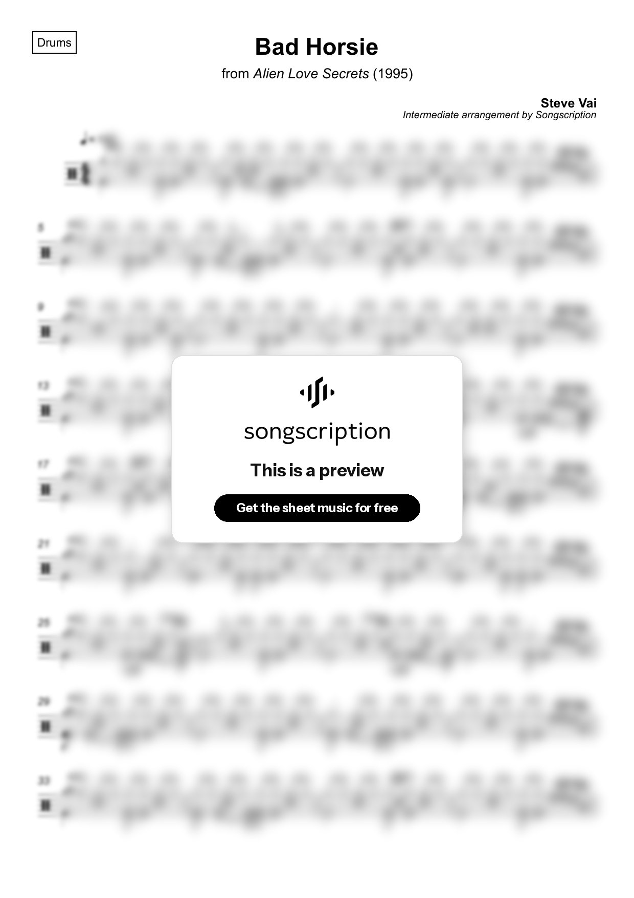 Intermediate Drums Sheet Music for "Bad Horsie" by Steve Vai