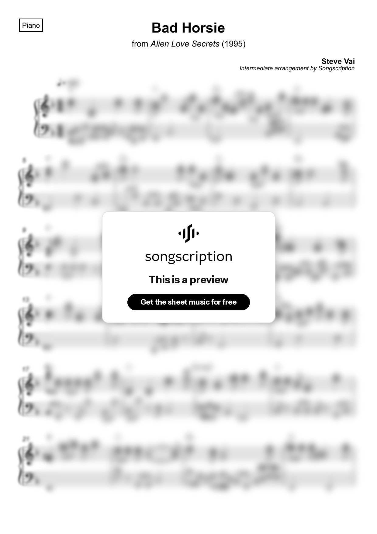 Intermediate Piano Sheet Music for "Bad Horsie" by Steve Vai