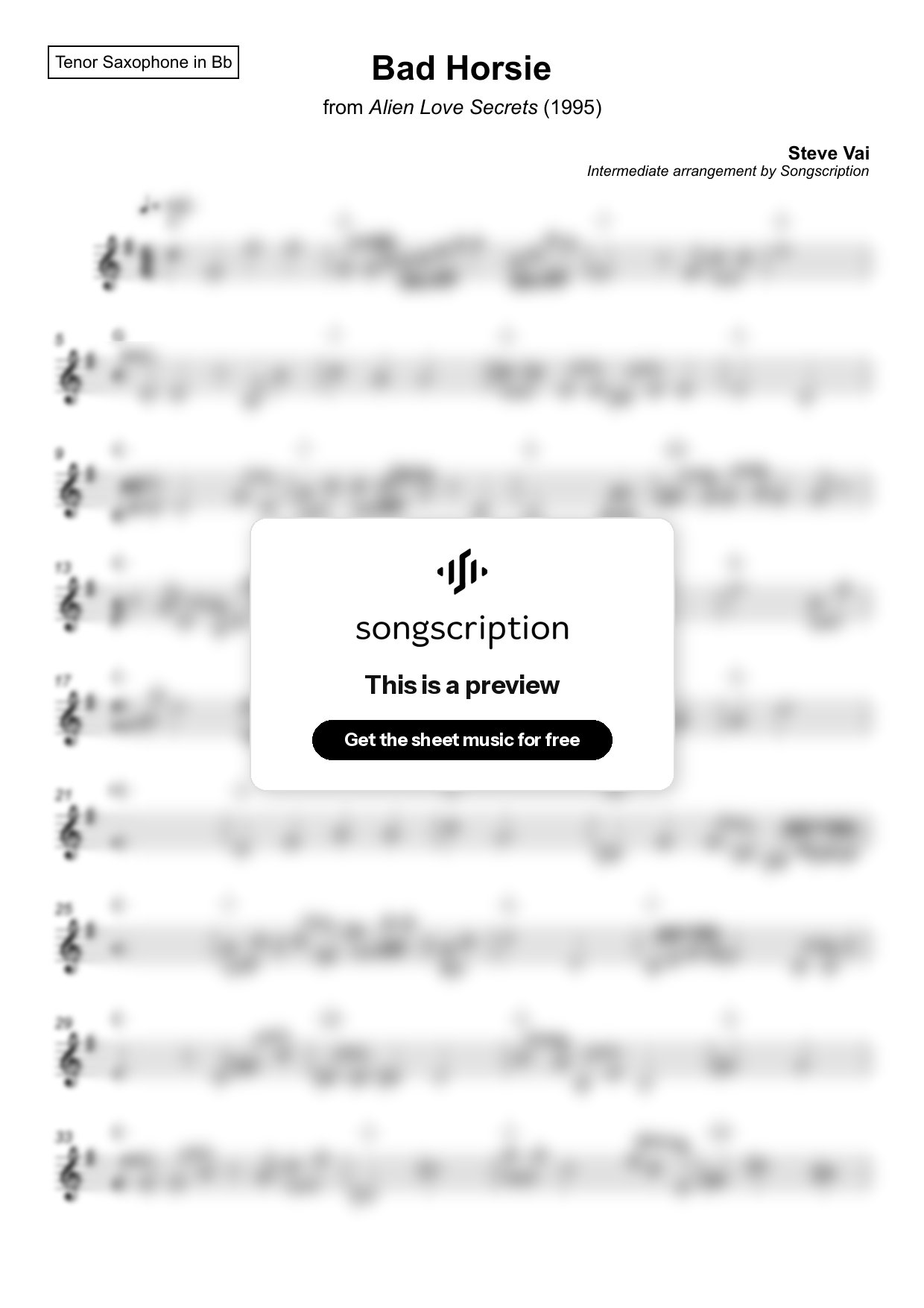 Intermediate Tenor Sax Sheet Music for "Bad Horsie" by Steve Vai