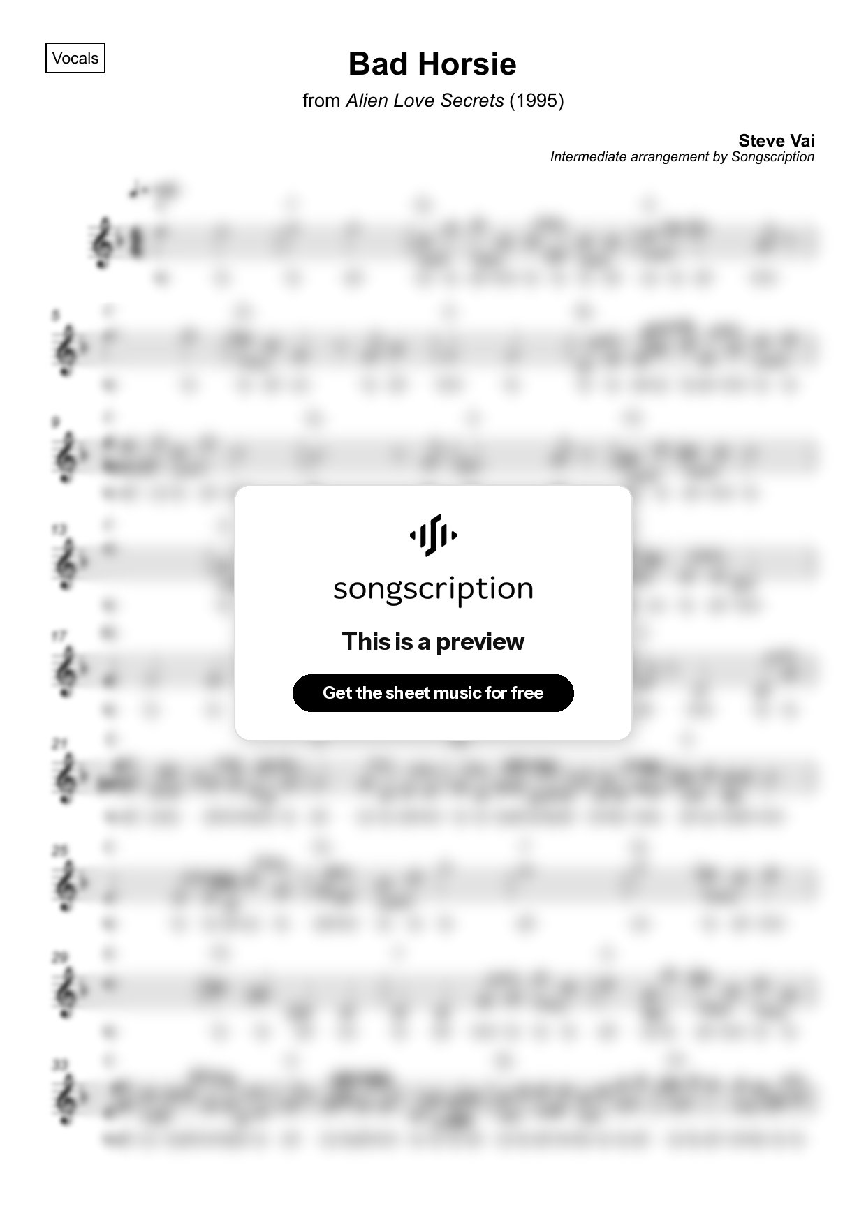 Intermediate Vocals Sheet Music for "Bad Horsie" by Steve Vai
