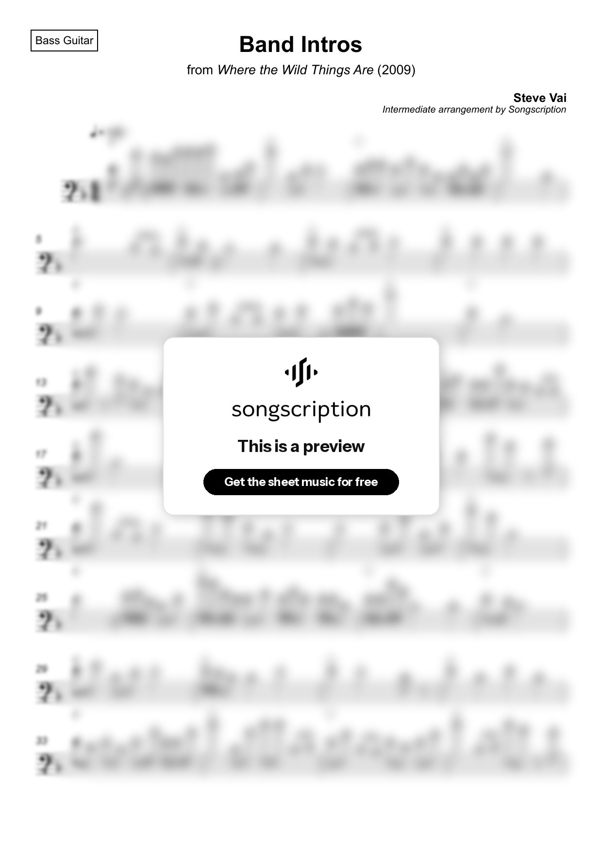 Intermediate Bass Guitar Sheet Music for "Band Intros" by Steve Vai