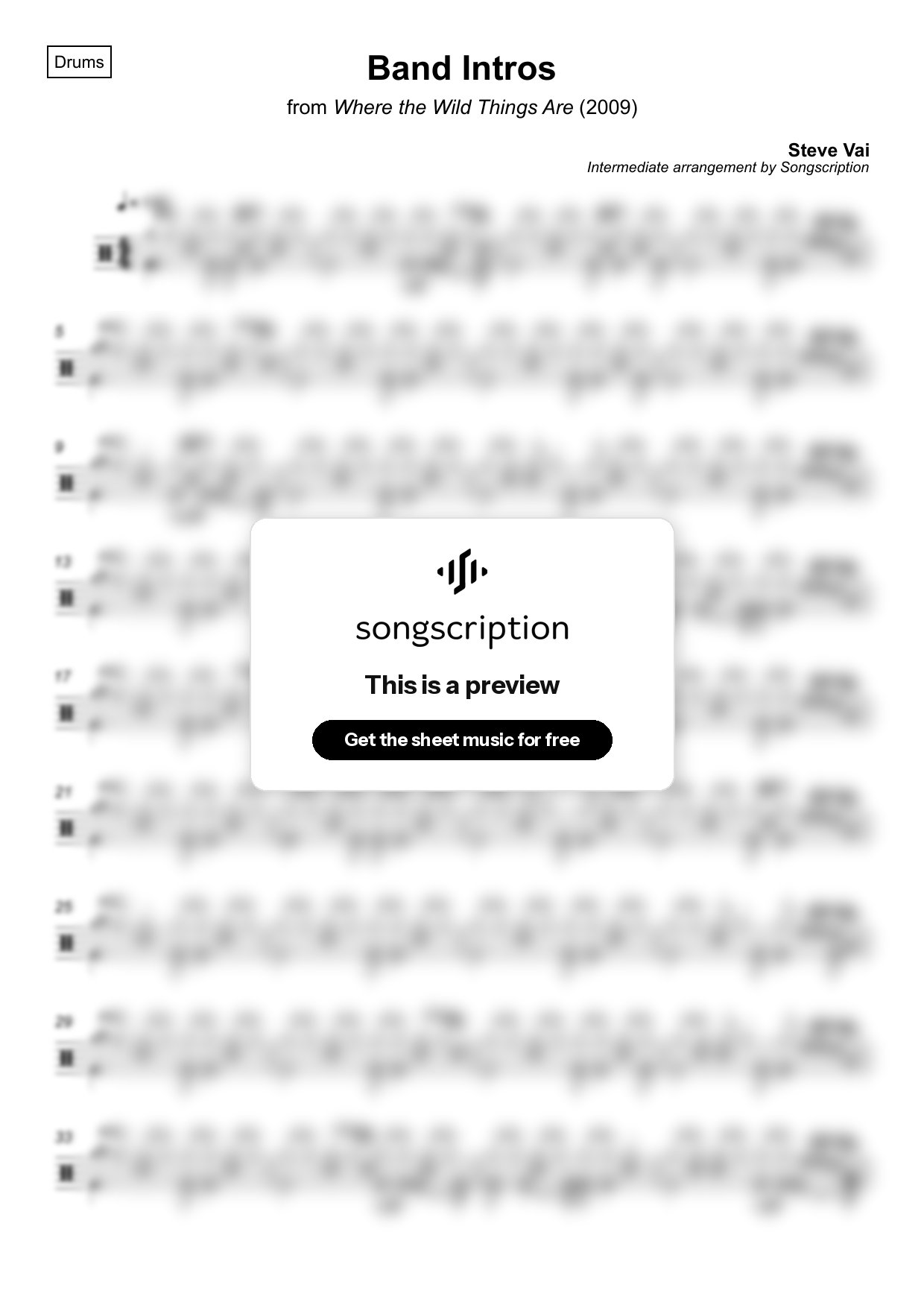 Intermediate Drums Sheet Music for "Band Intros" by Steve Vai