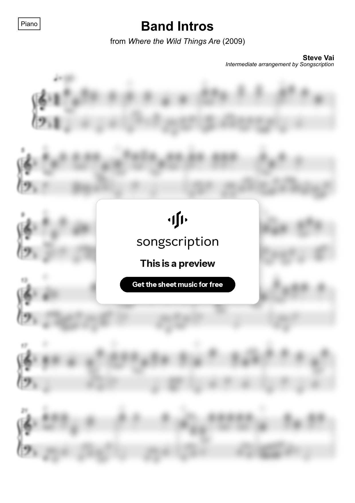 Intermediate Piano Sheet Music for "Band Intros" by Steve Vai