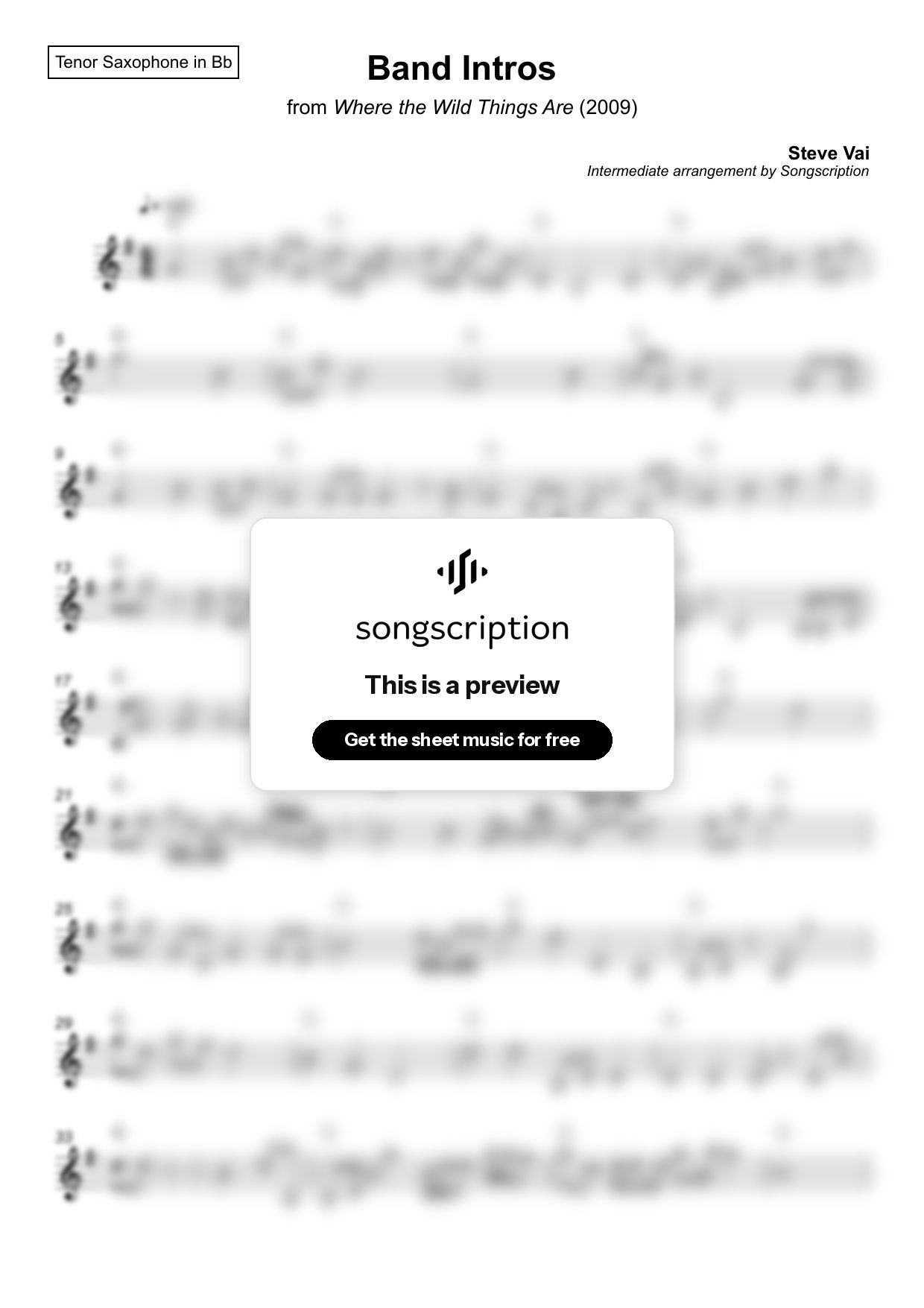 Intermediate Tenor Sax Sheet Music for "Band Intros" by Steve Vai