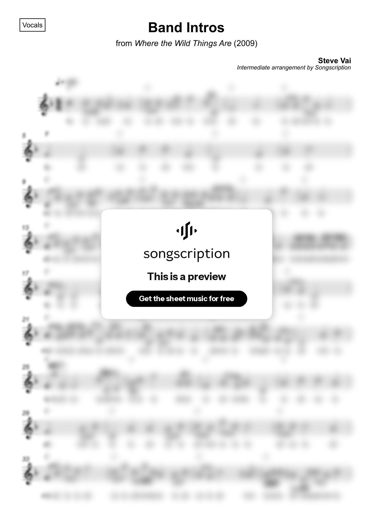 Intermediate Vocals Sheet Music for "Band Intros" by Steve Vai