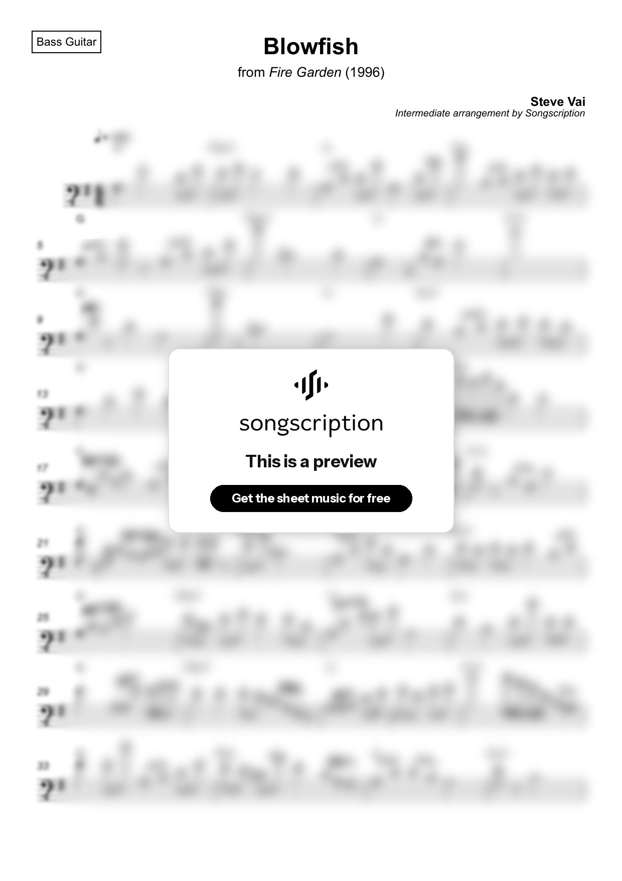 Intermediate Bass Guitar Sheet Music for "Blowfish" by Steve Vai