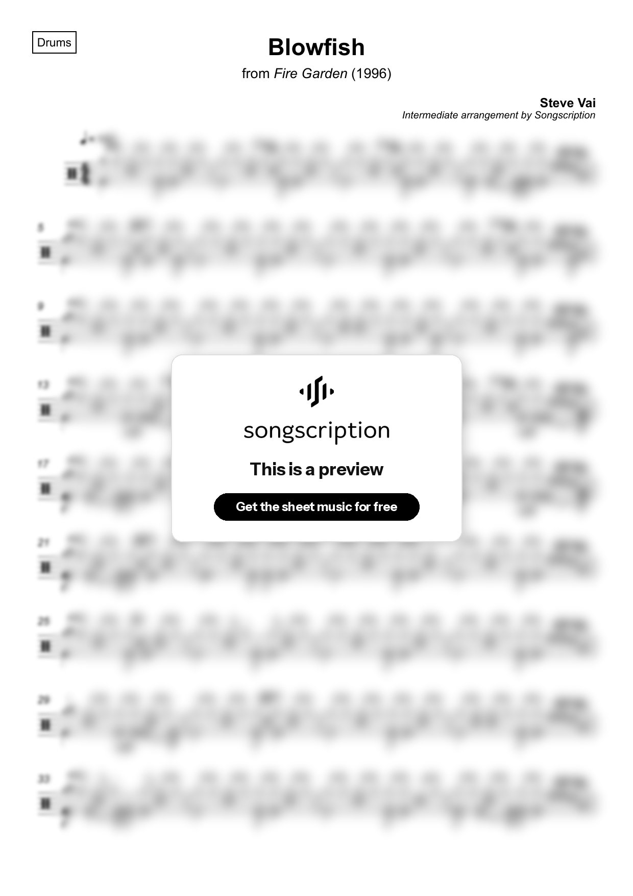 Intermediate Drums Sheet Music for "Blowfish" by Steve Vai