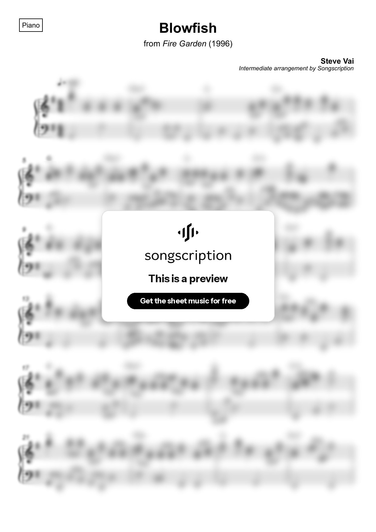 Intermediate Piano Sheet Music for "Blowfish" by Steve Vai