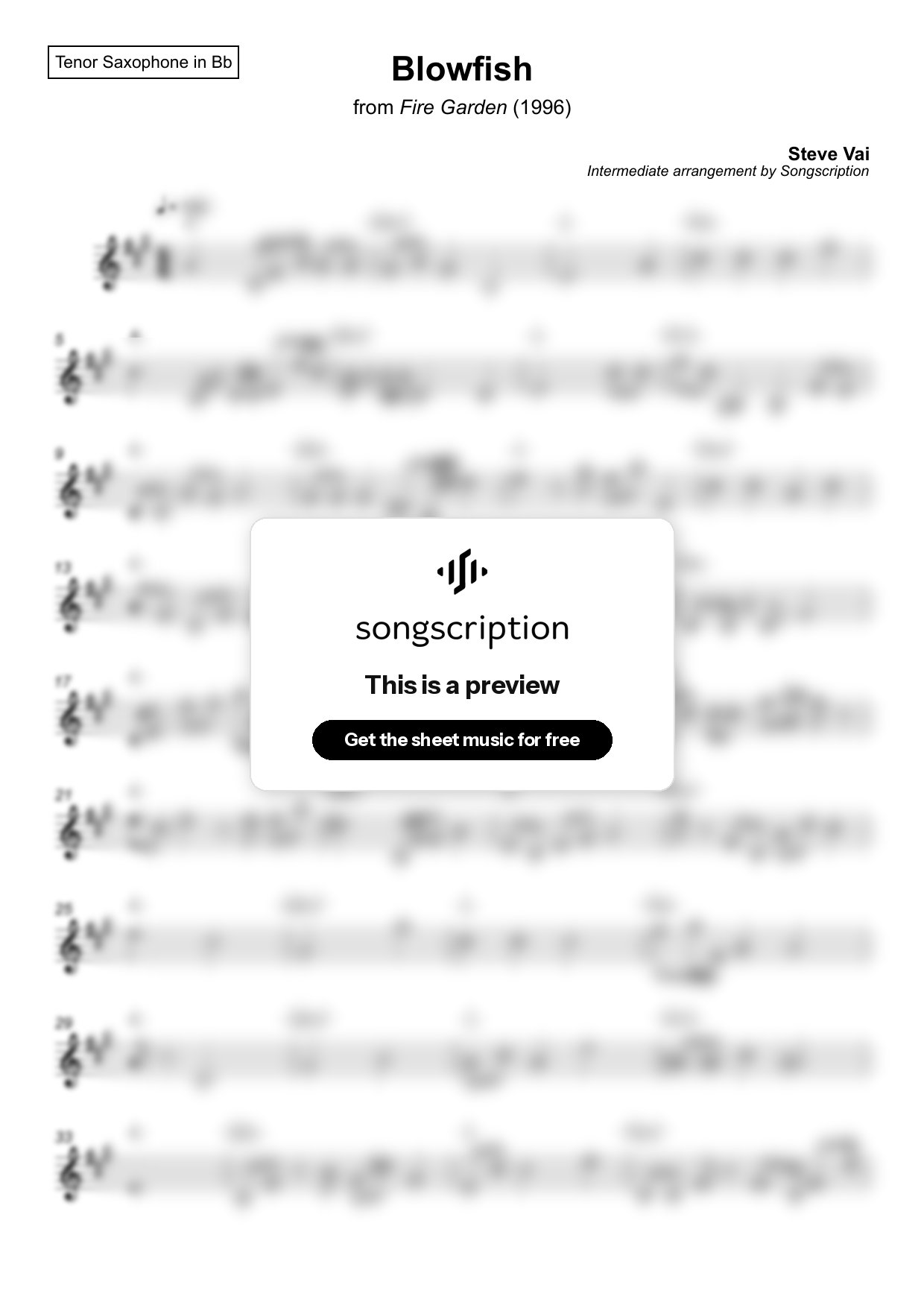 Intermediate Tenor Sax Sheet Music for "Blowfish" by Steve Vai
