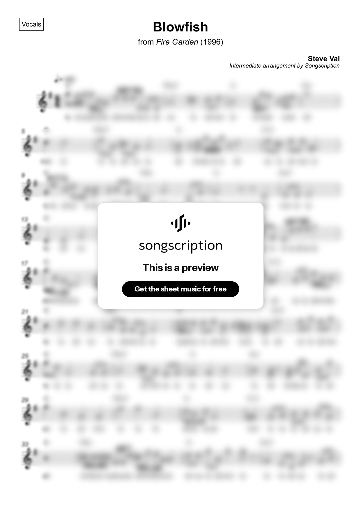 Intermediate Vocals Sheet Music for "Blowfish" by Steve Vai
