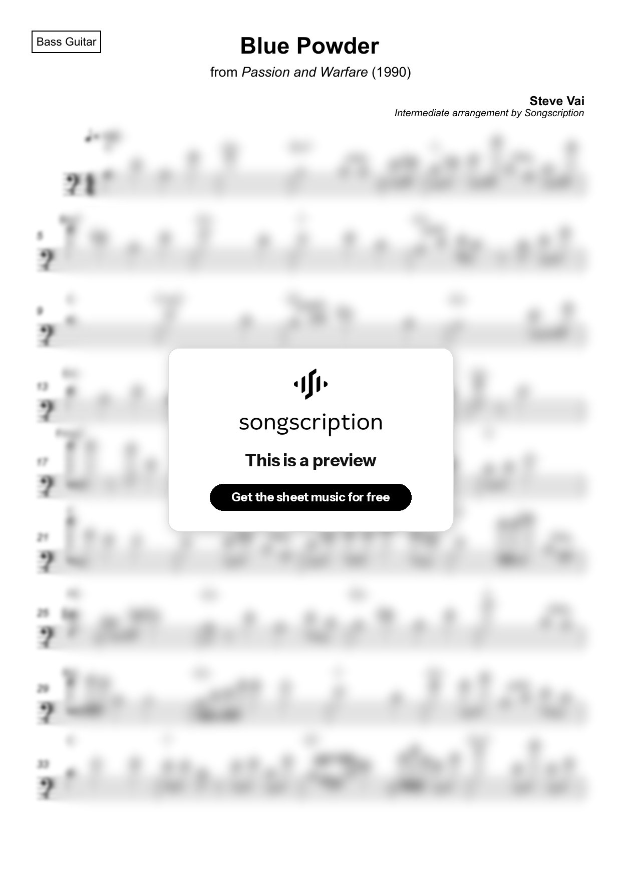 Intermediate Bass Guitar Sheet Music for "Blue Powder" by Steve Vai