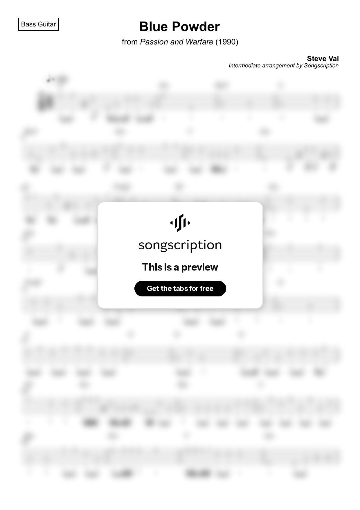 Intermediate Bass Guitar Tabs for "Blue Powder" by Steve Vai