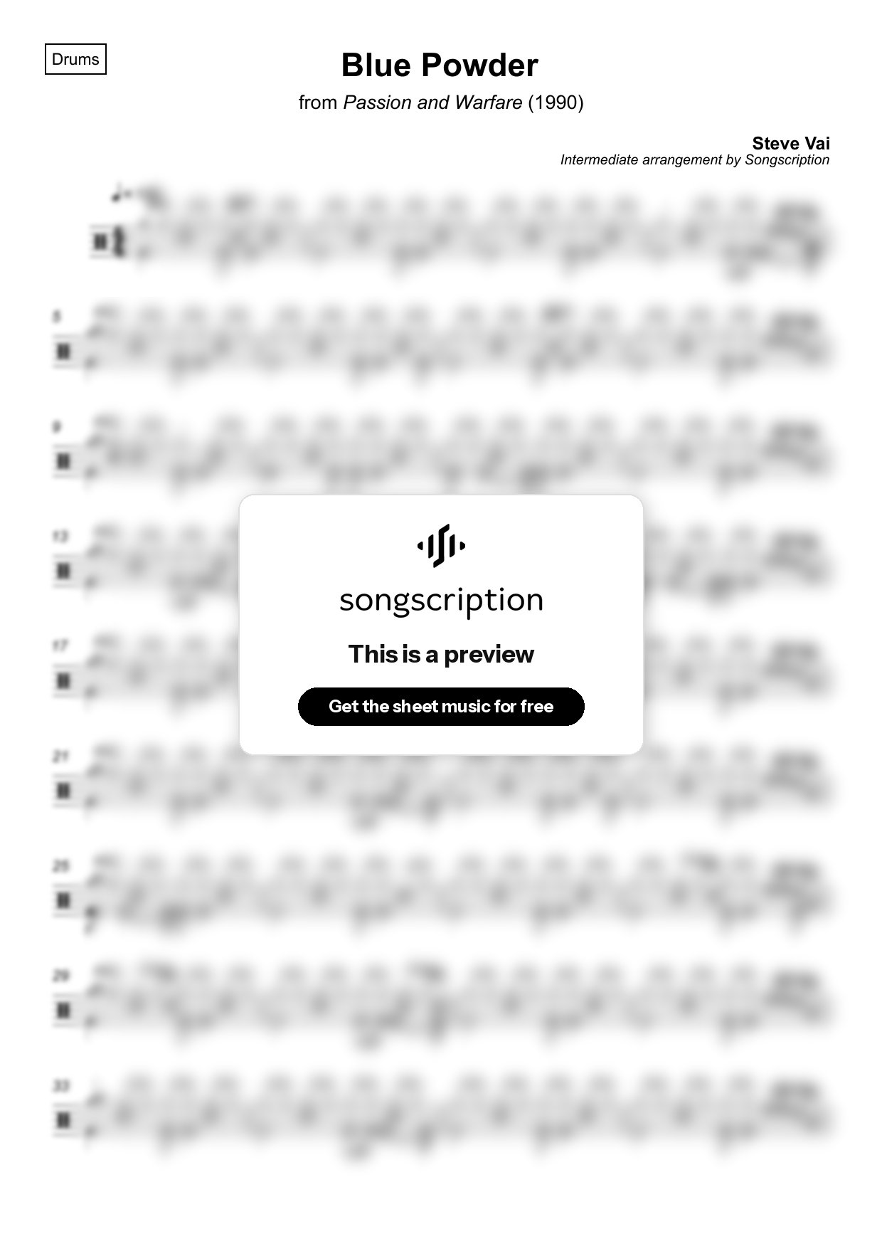 Intermediate Drums Sheet Music for "Blue Powder" by Steve Vai