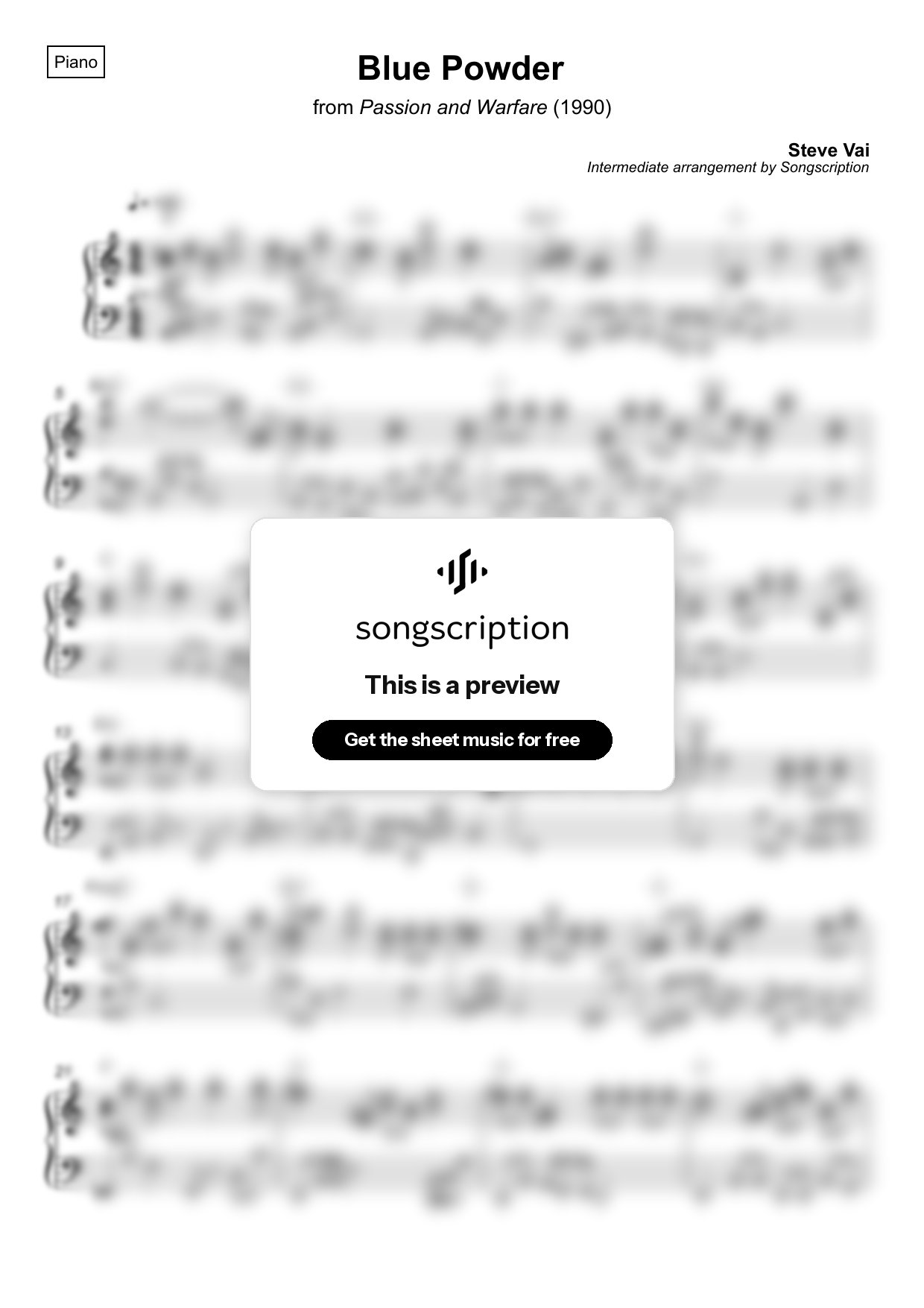 Intermediate Piano Sheet Music for "Blue Powder" by Steve Vai