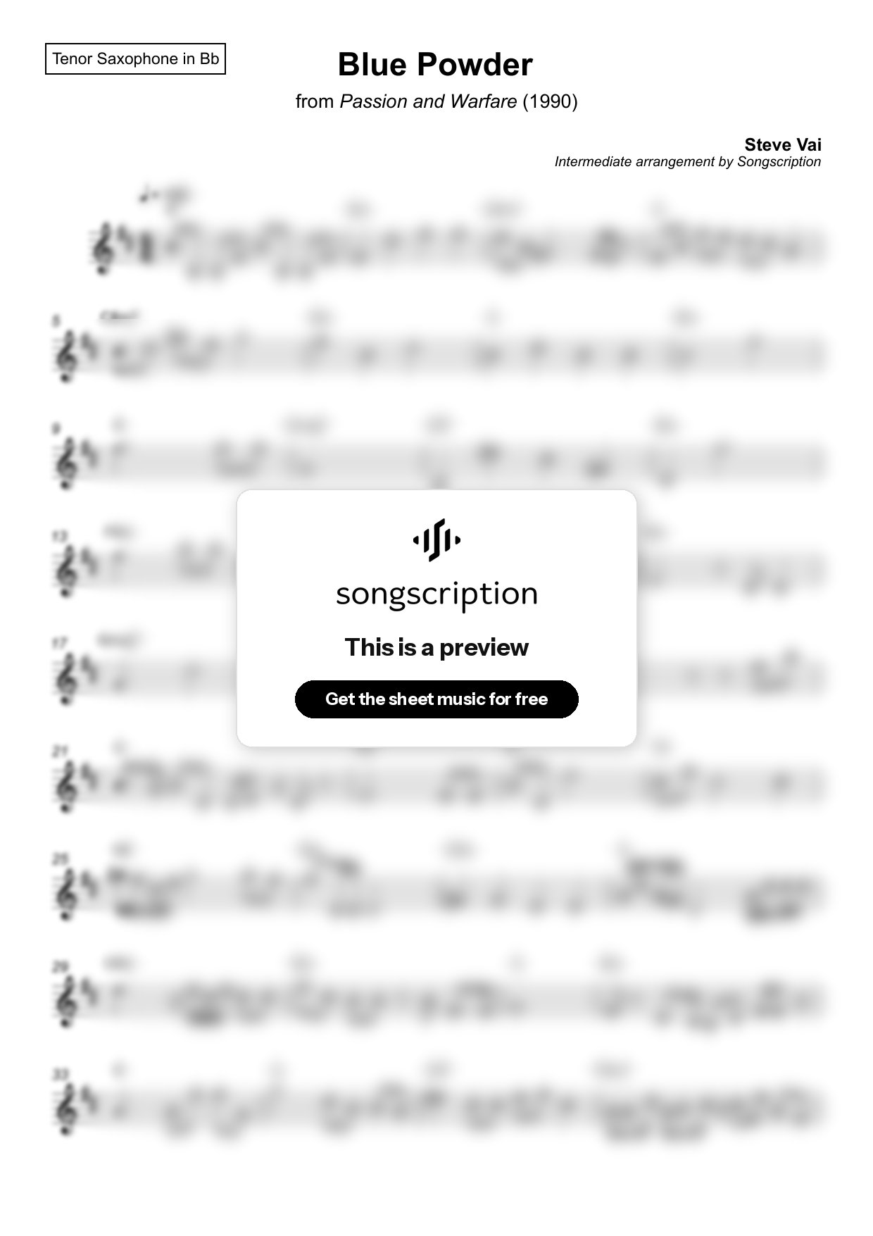 Intermediate Tenor Sax Sheet Music for "Blue Powder" by Steve Vai