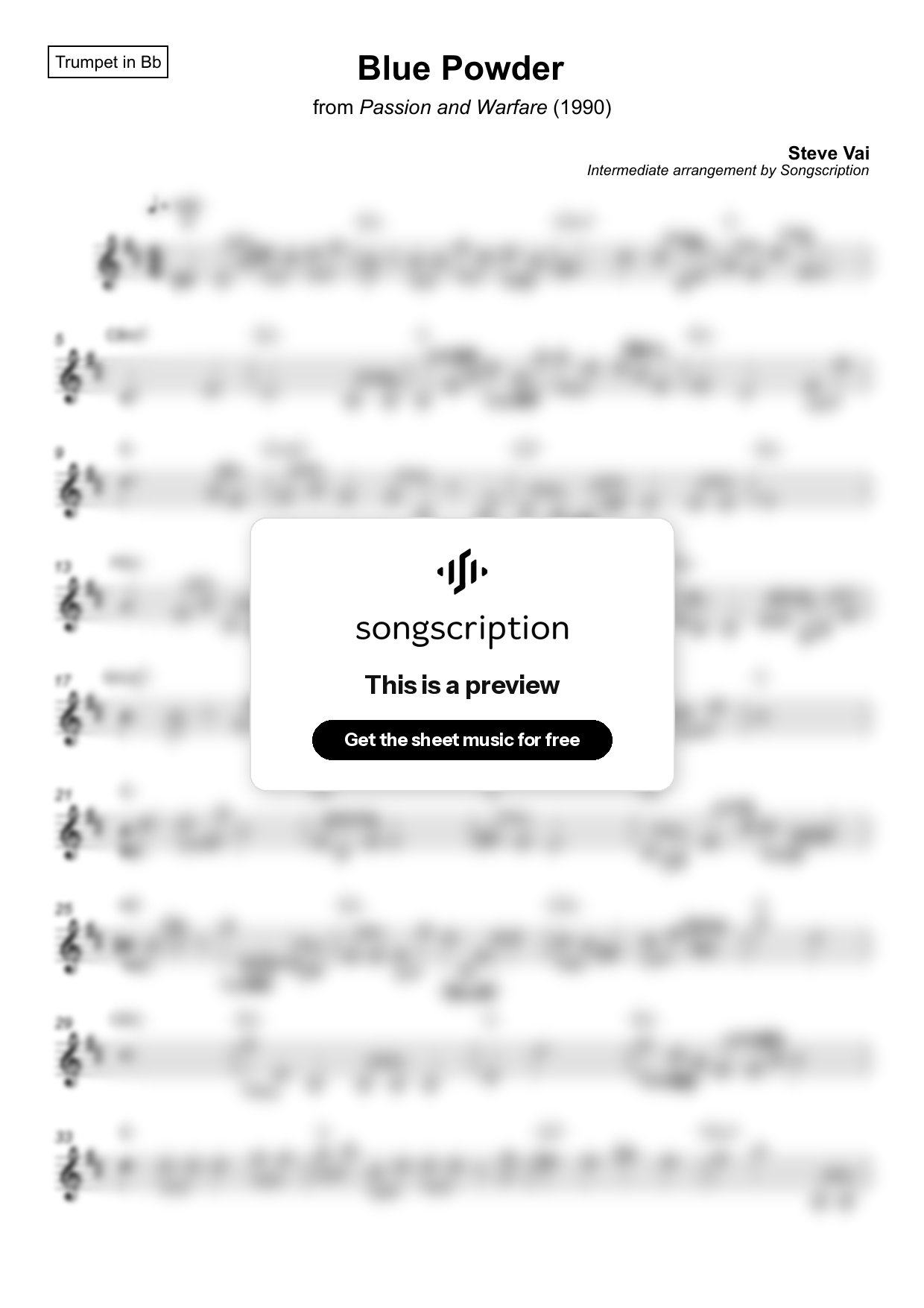Intermediate Trumpet Sheet Music for "Blue Powder" by Steve Vai