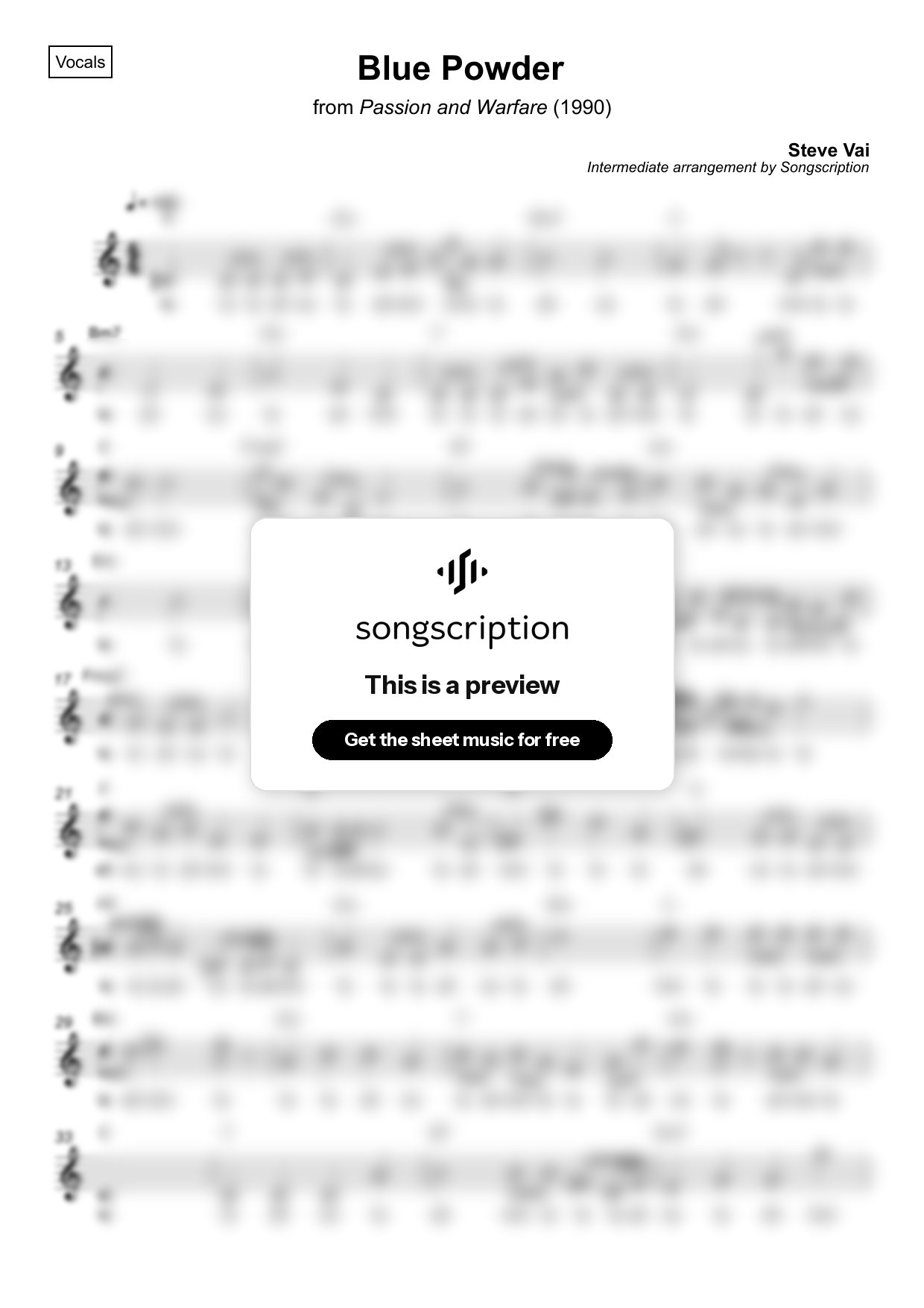 Intermediate Vocals Sheet Music for "Blue Powder" by Steve Vai