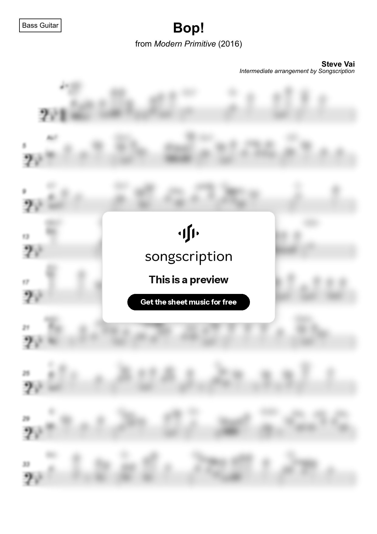 Intermediate Bass Guitar Sheet Music for "Bop!" by Steve Vai