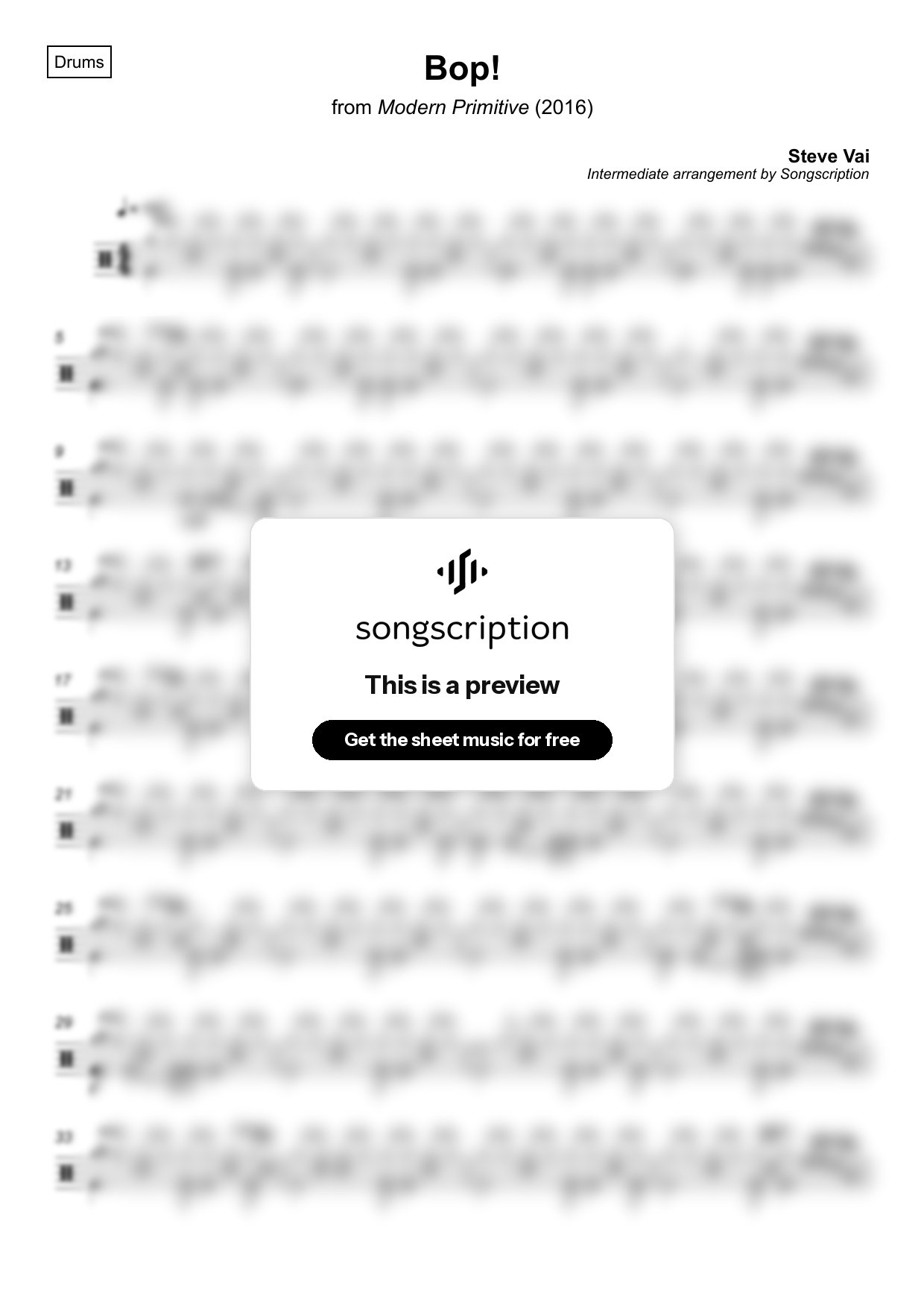 Intermediate Drums Sheet Music for "Bop!" by Steve Vai