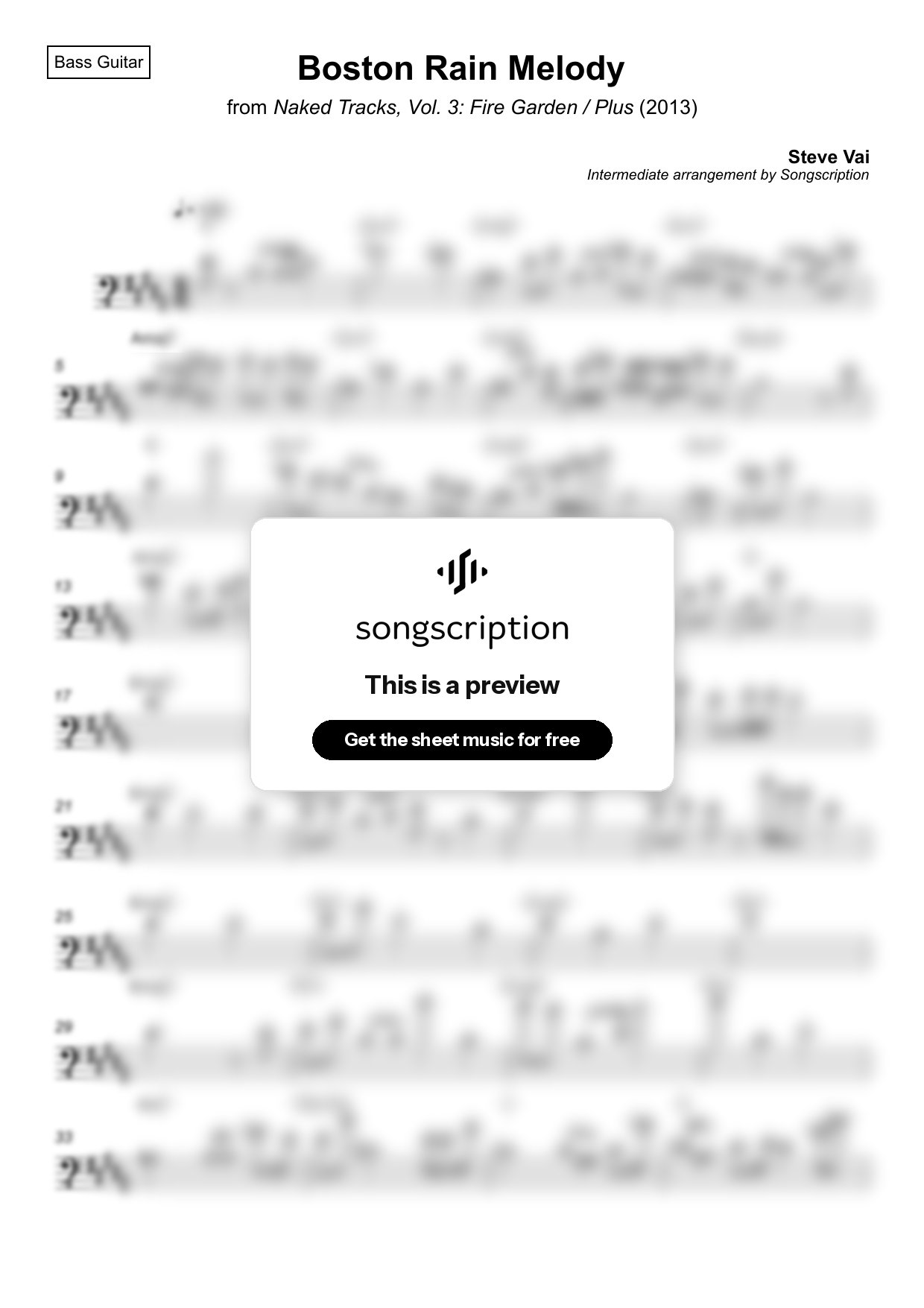 Intermediate Bass Guitar Sheet Music for "Boston Rain Melody" by Steve Vai