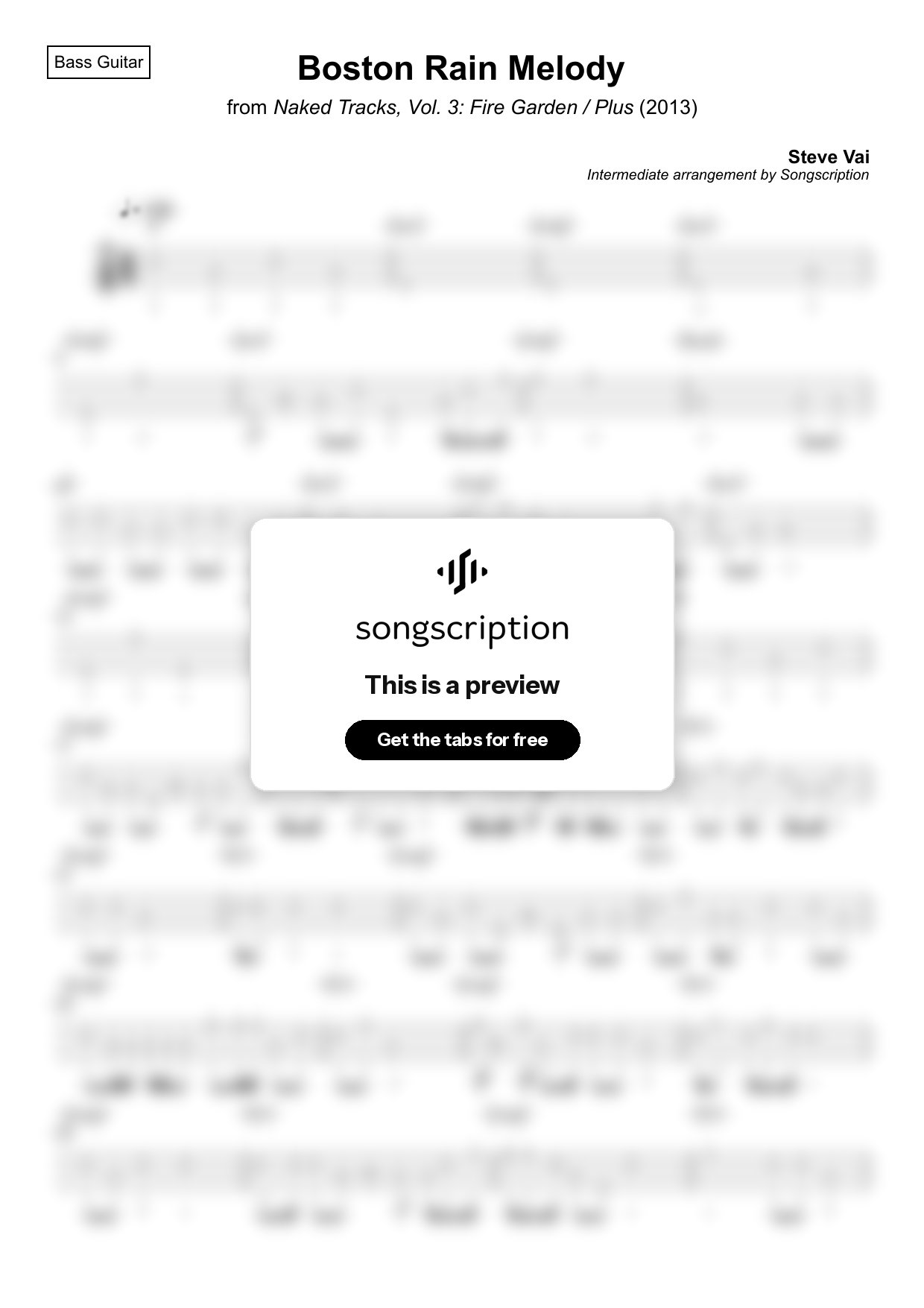 Intermediate Bass Guitar Tabs for "Boston Rain Melody" by Steve Vai