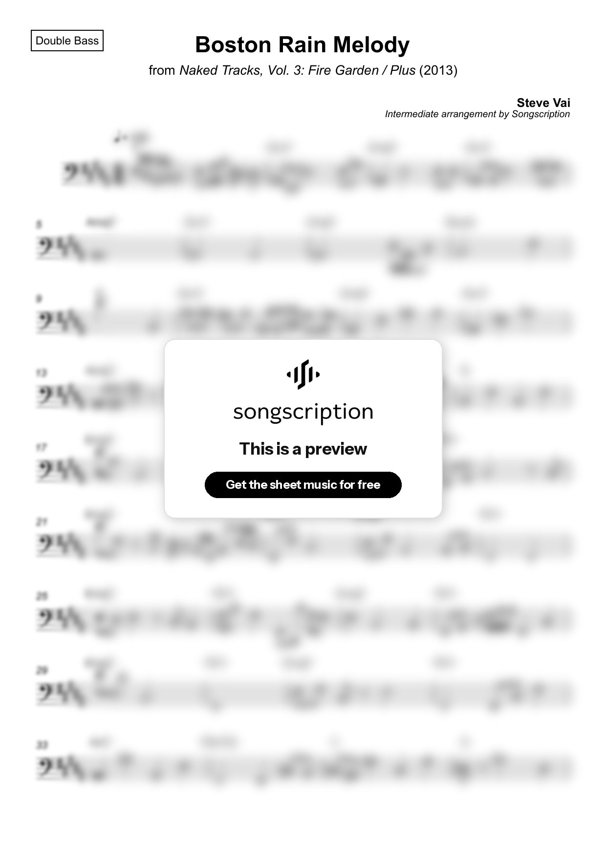 Intermediate Double Bass Sheet Music for "Boston Rain Melody" by Steve Vai