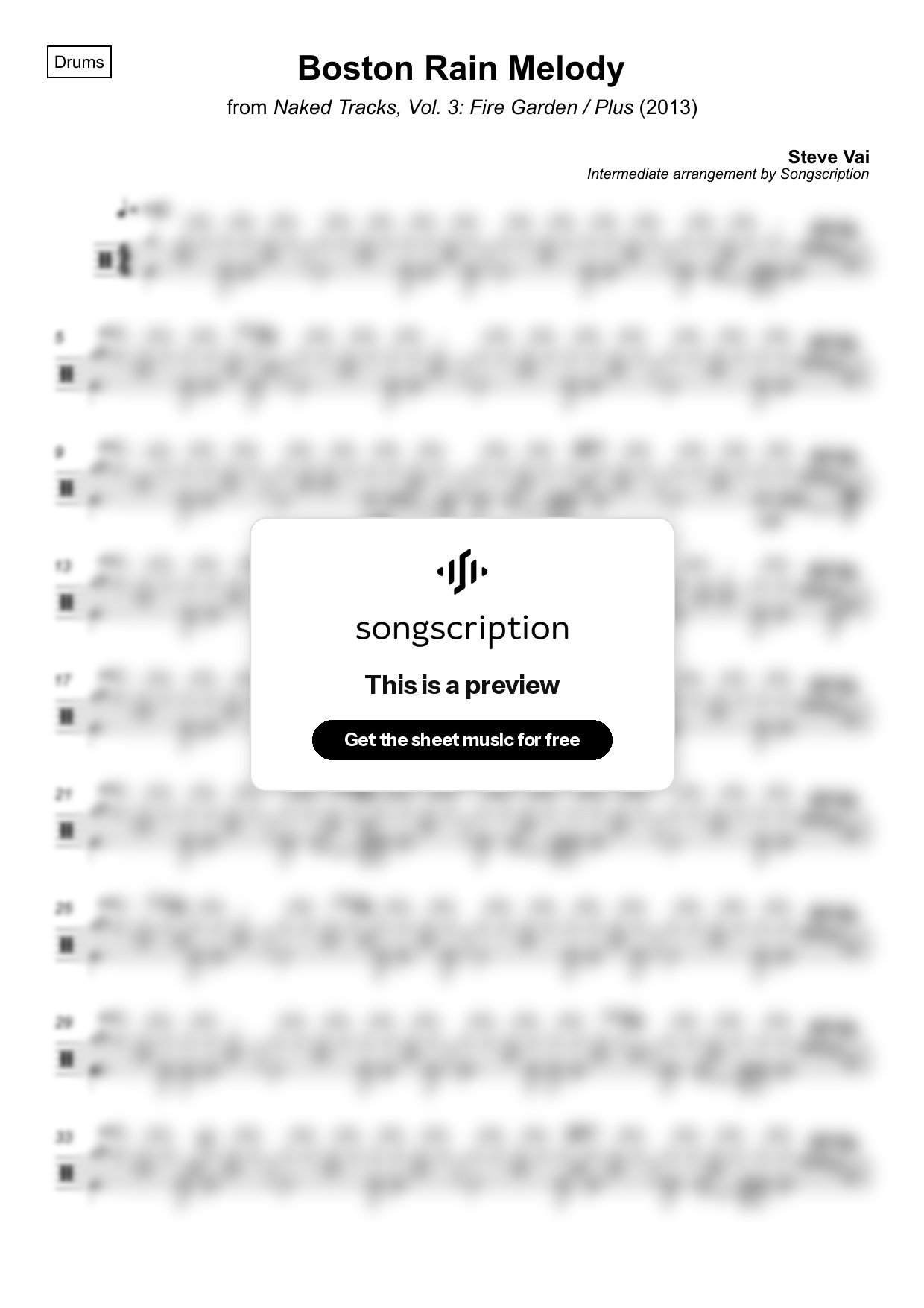 Intermediate Drums Sheet Music for "Boston Rain Melody" by Steve Vai