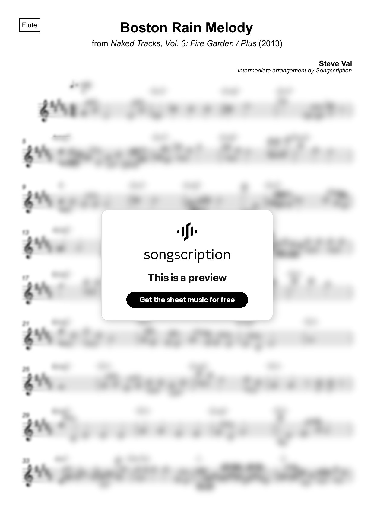 Intermediate Flute Sheet Music for "Boston Rain Melody" by Steve Vai