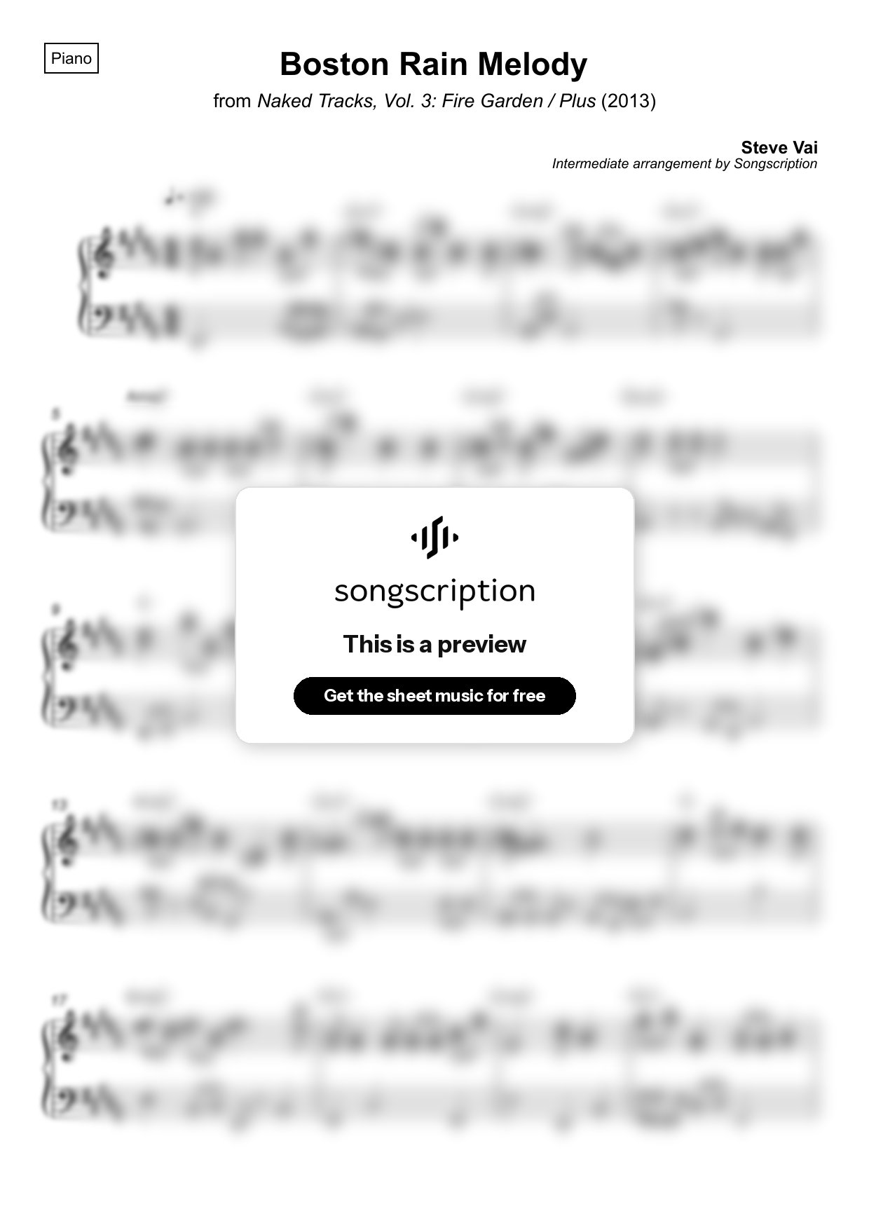 Intermediate Piano Sheet Music for "Boston Rain Melody" by Steve Vai
